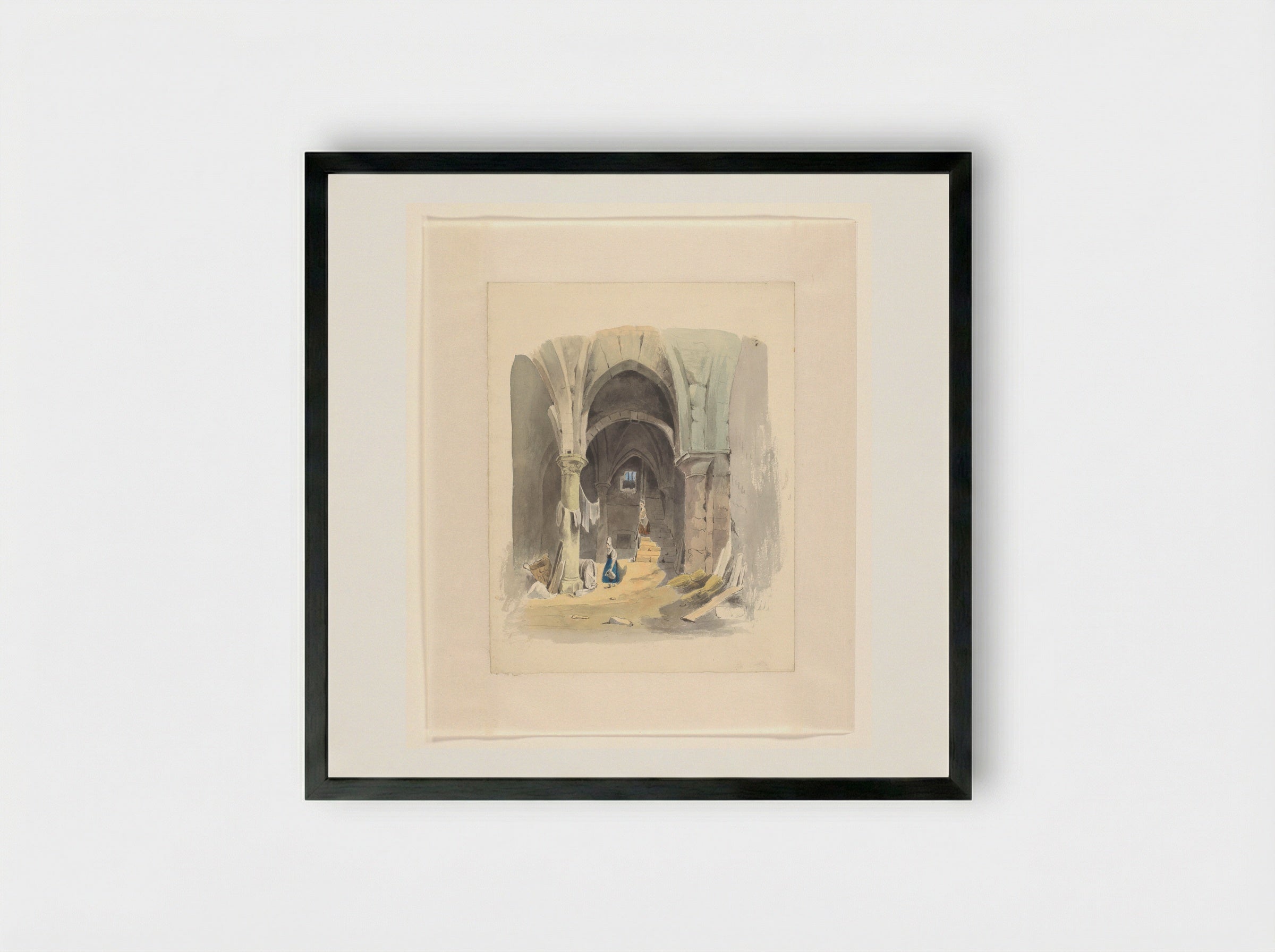 Woman by a Wine Cask in a Cellar - Johannes van Reijn - Framed Print Black