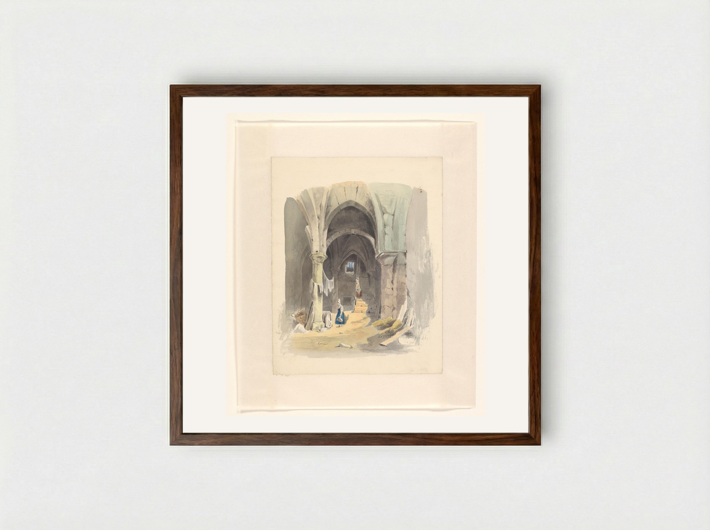 Woman by a Wine Cask in a Cellar - Johannes van Reijn - Framed Print Dark Wood