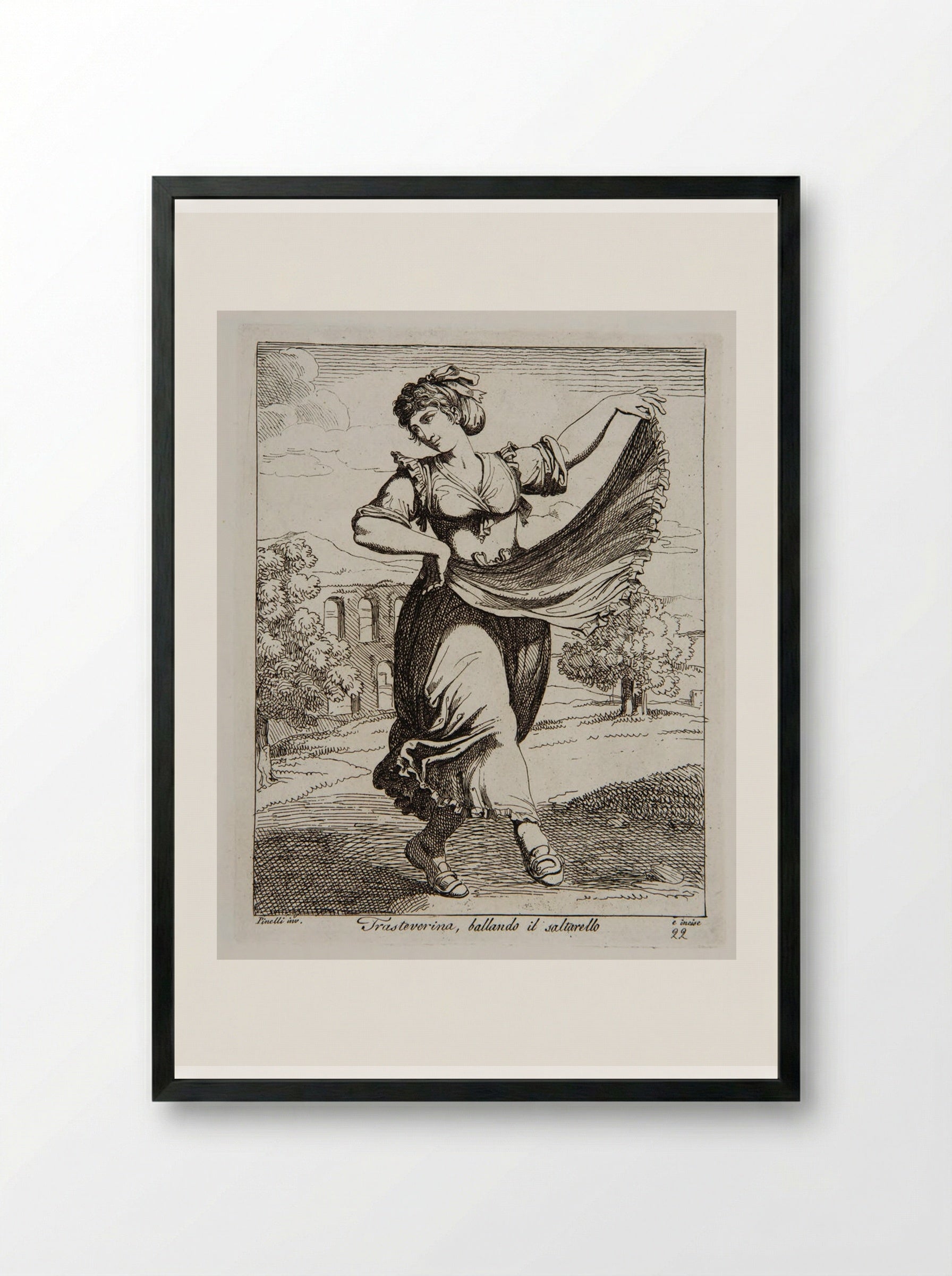 Woman from Trastevere dancing the Saltarello - Bartolomeo Pinelli - Framed Print Black