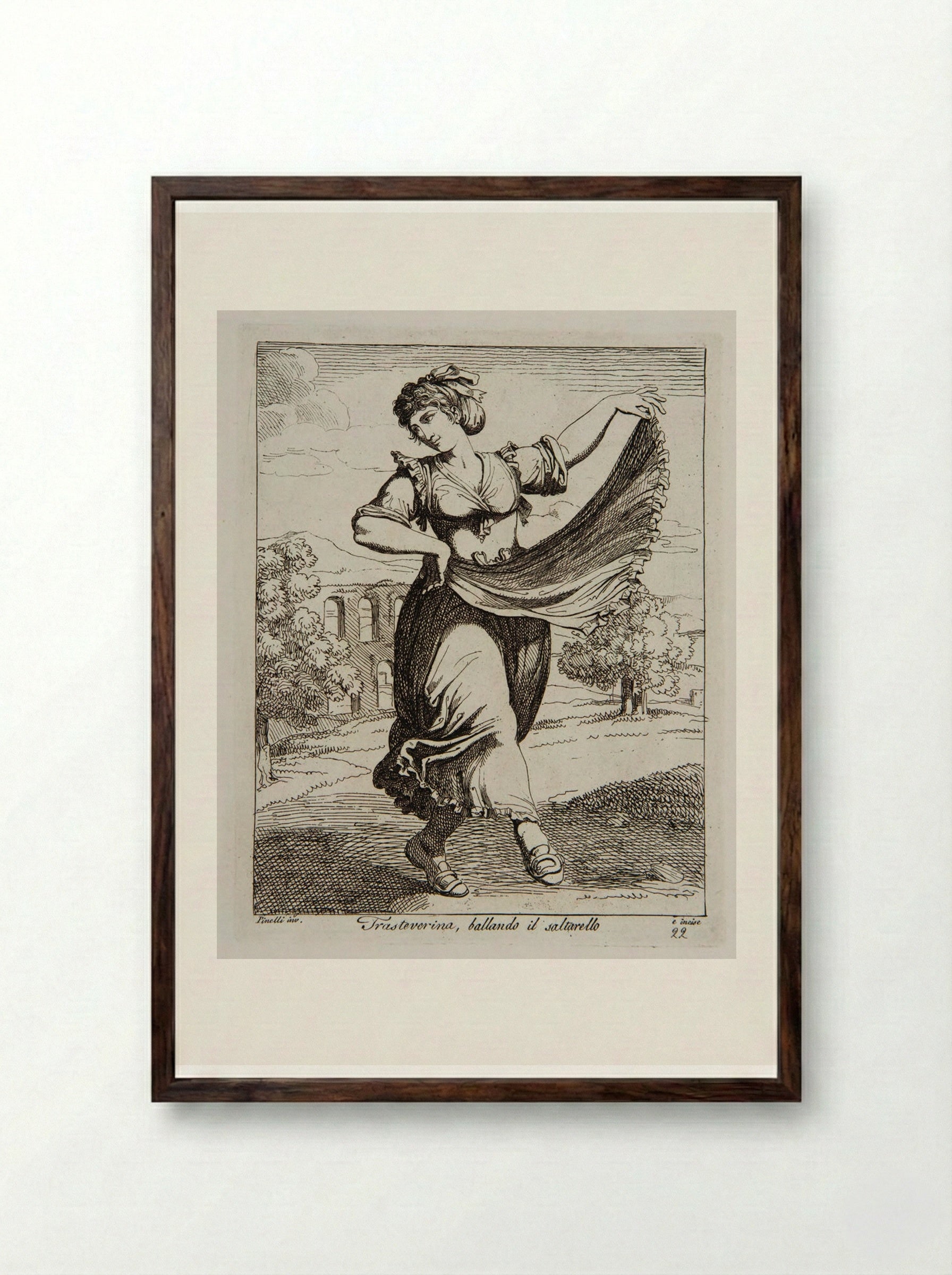 Woman from Trastevere dancing the Saltarello - Bartolomeo Pinelli - Framed Print Dark Wood