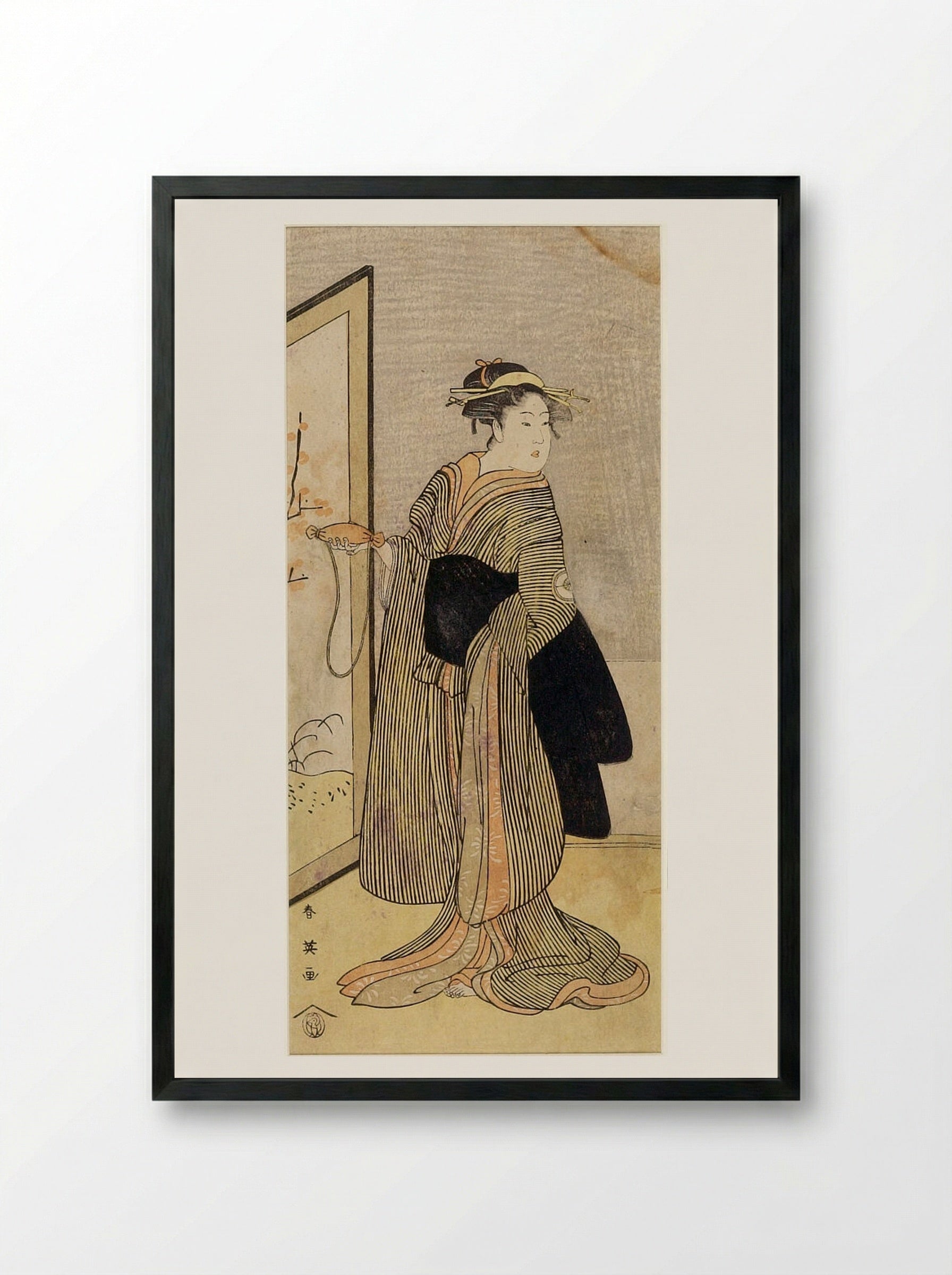 Woman in Black and Yellow Striped Kimono - Katsukawa Shun'ei - Framed Print Black