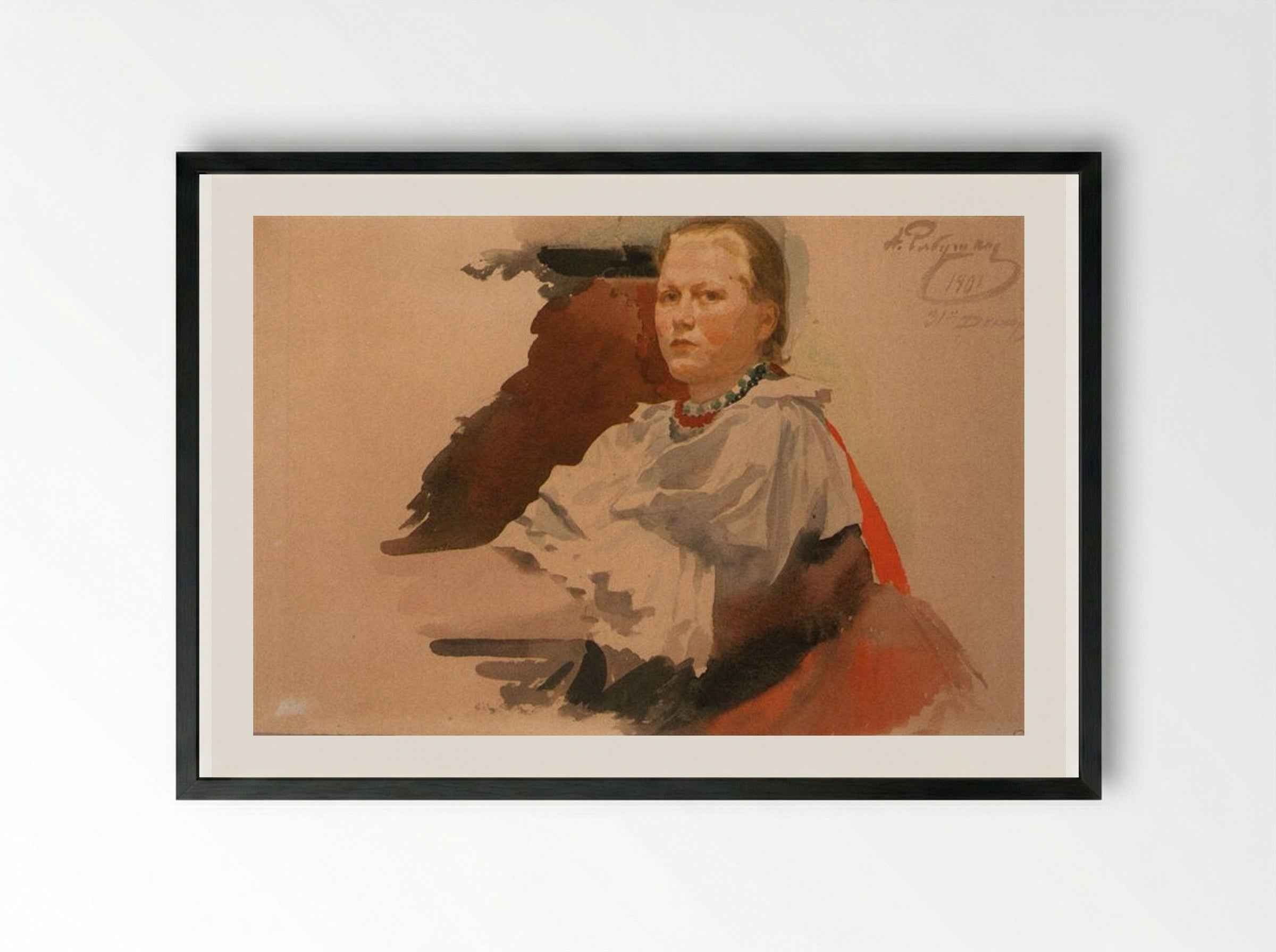 Woman in Novgorod Peasant Dress - Andrei Ryabushkin - Framed Print Black