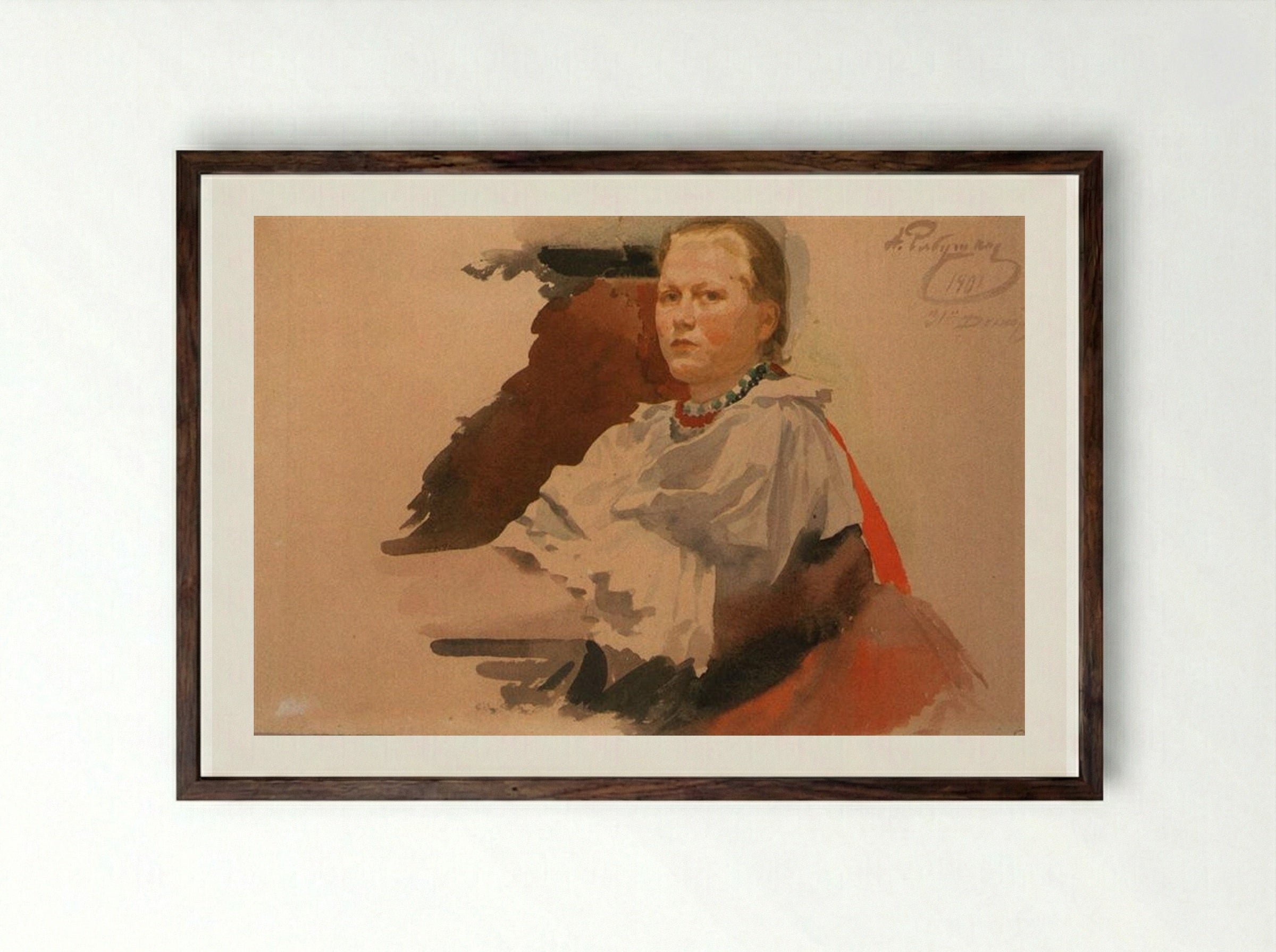 Woman in Novgorod Peasant Dress - Andrei Ryabushkin - Framed Print Dark Wood