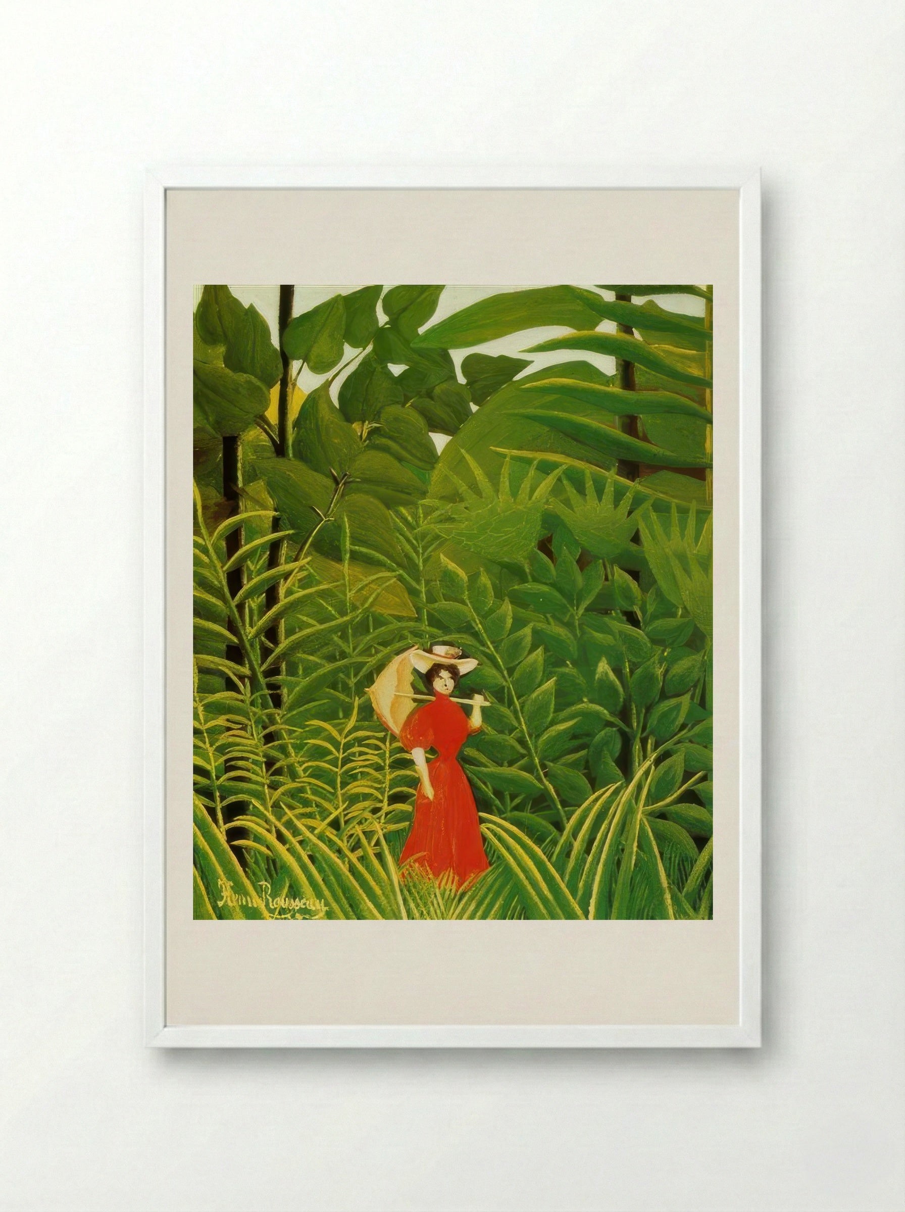Woman in Red in the Forest by Henri Rousseau – Naïve Art Figurative Jungle Print - Framed Print White