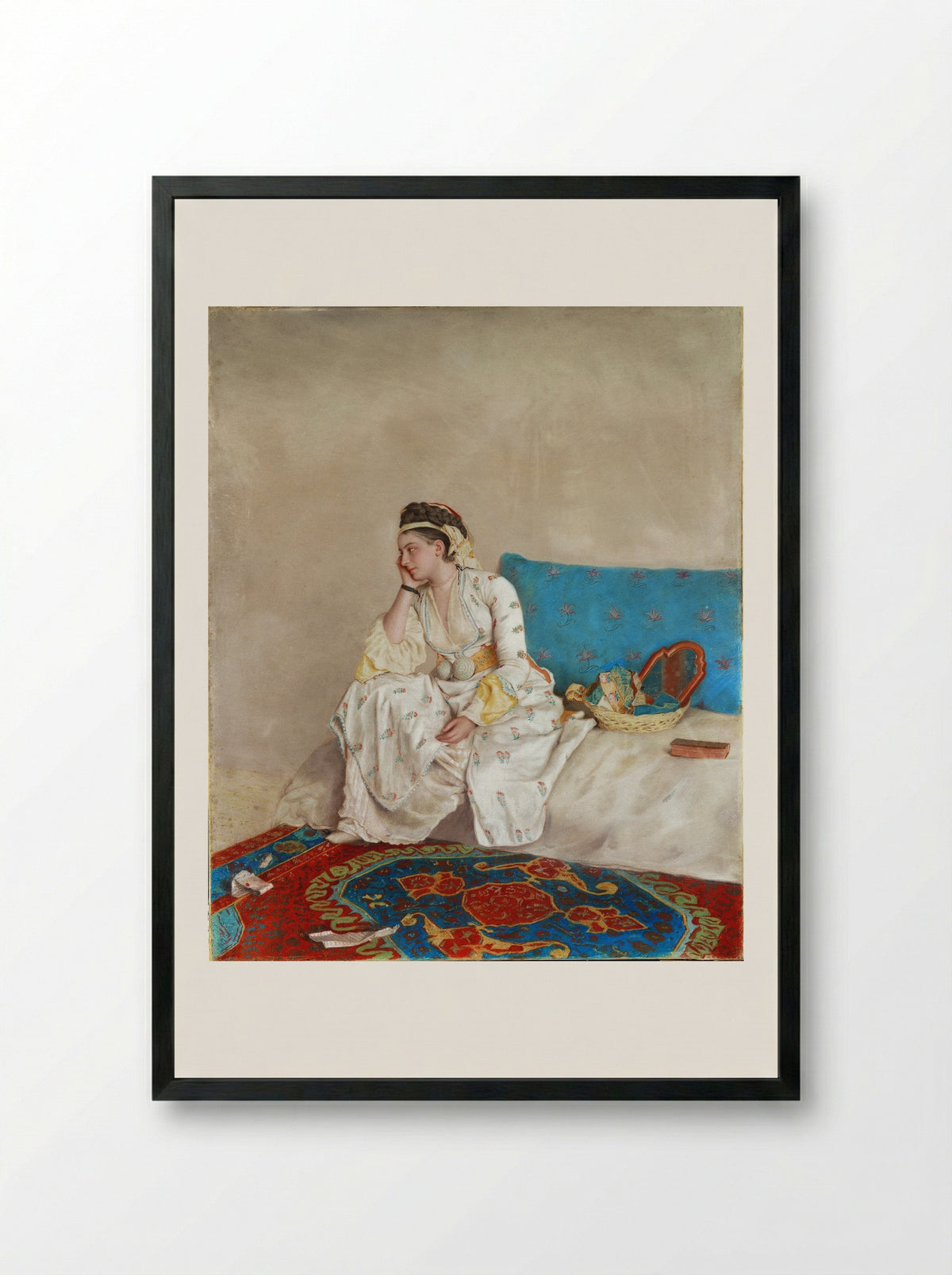 Woman in Turkish Dress, Seated on a Sofa - Jean-Étienne Liotard - Framed Print Black