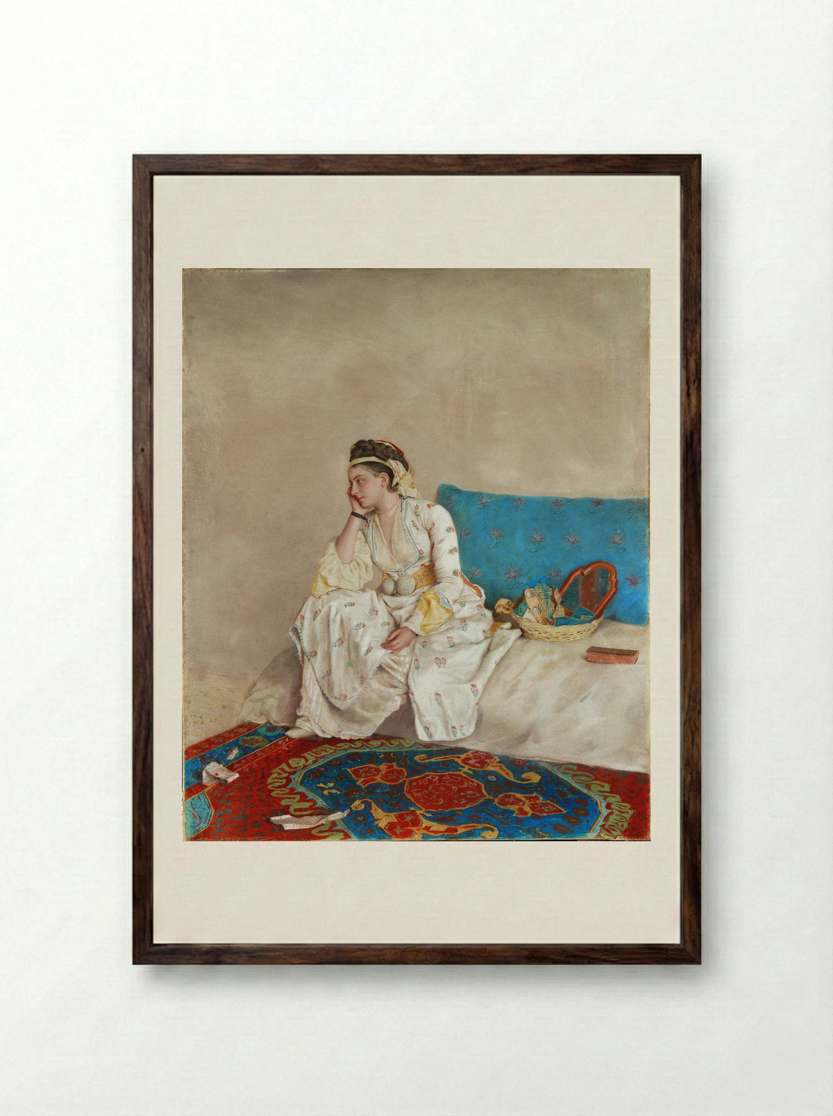 Woman in Turkish Dress, Seated on a Sofa - Jean-Étienne Liotard - Framed Print Dark Wood