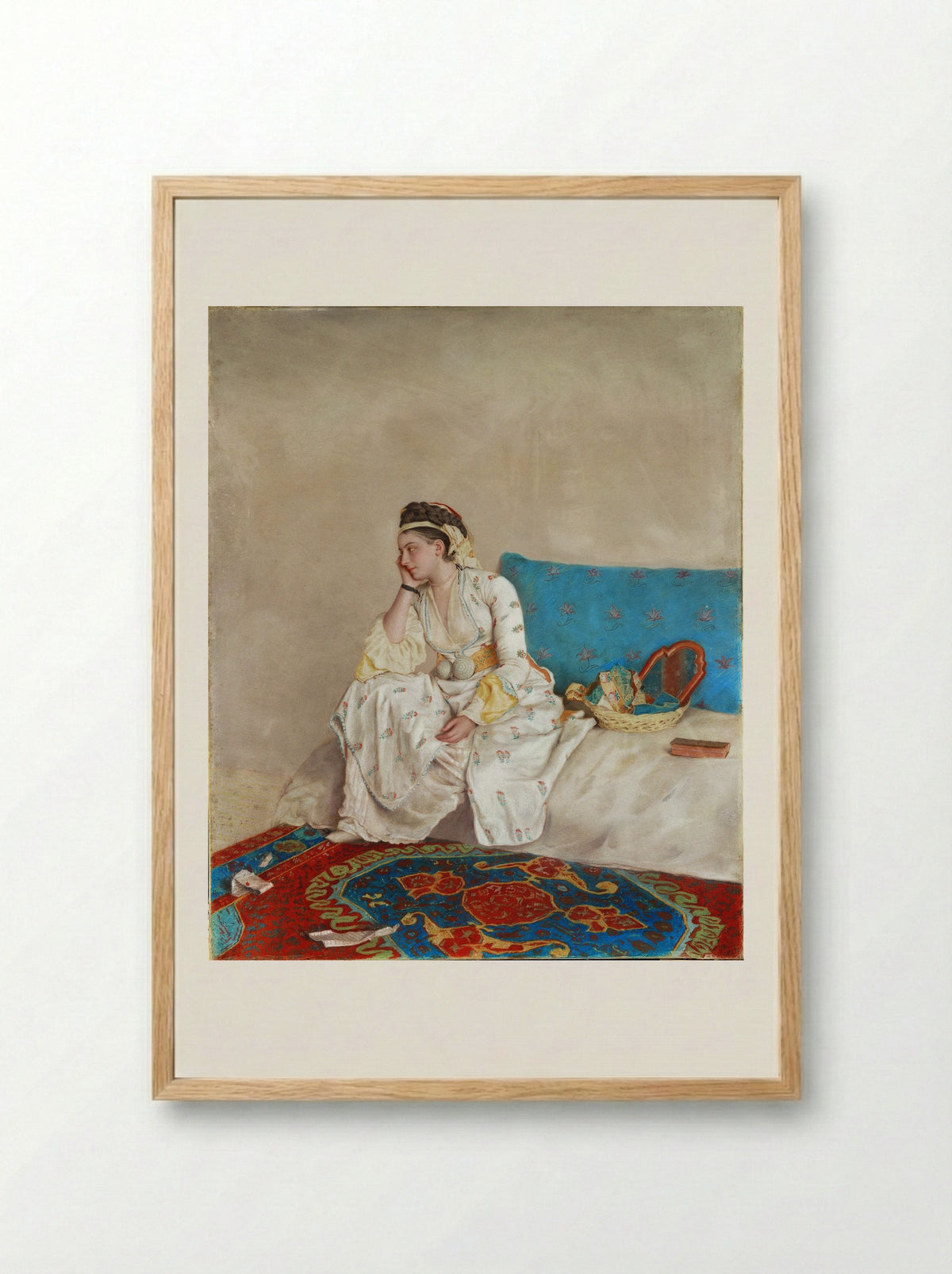 Woman in Turkish Dress, Seated on a Sofa - Jean-Étienne Liotard - Framed Print Wood