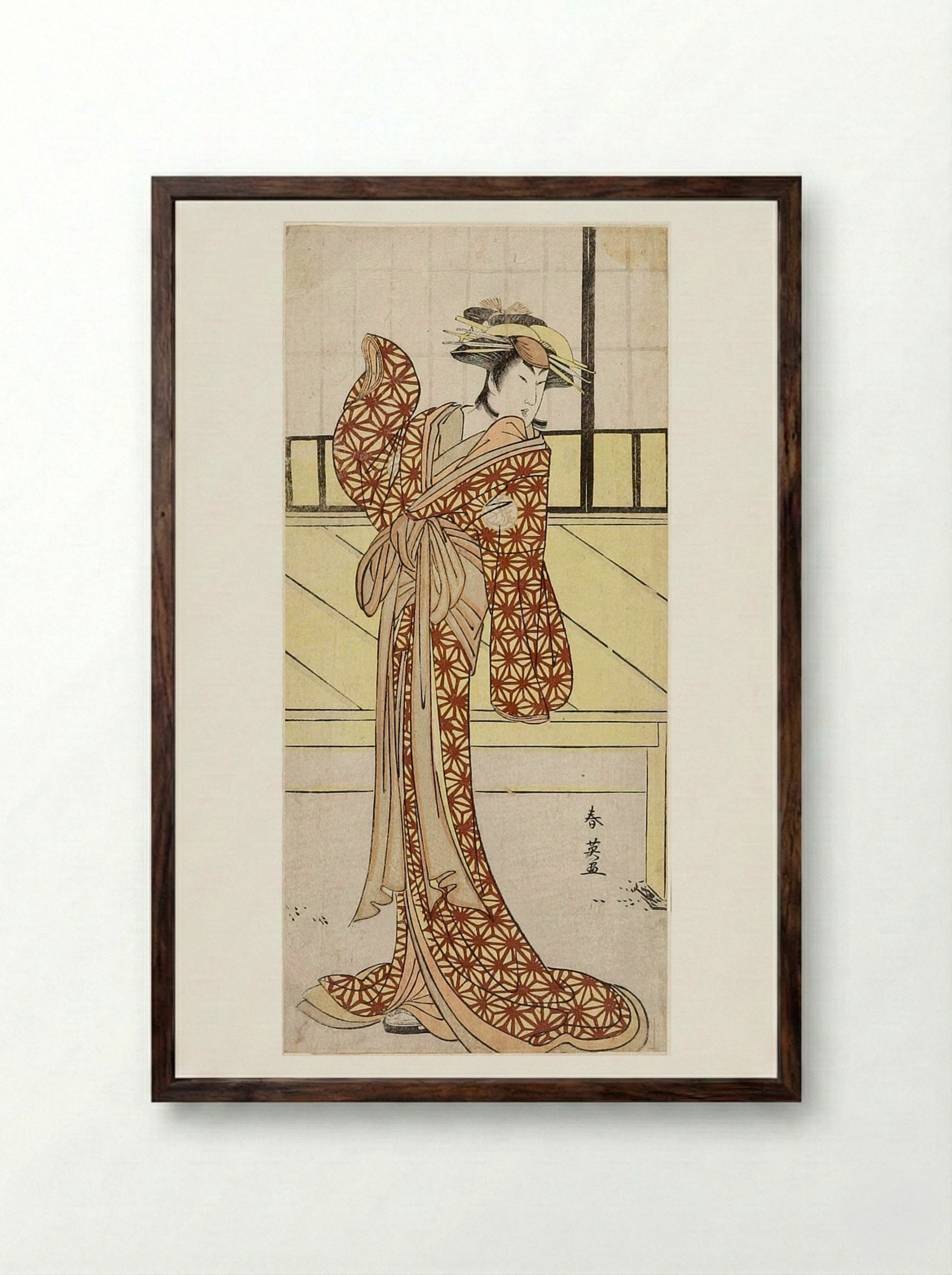Woman in Yellow Kimono with Red Spider Web Pattern - Katsukawa Shun'ei - Framed Print Dark Wood