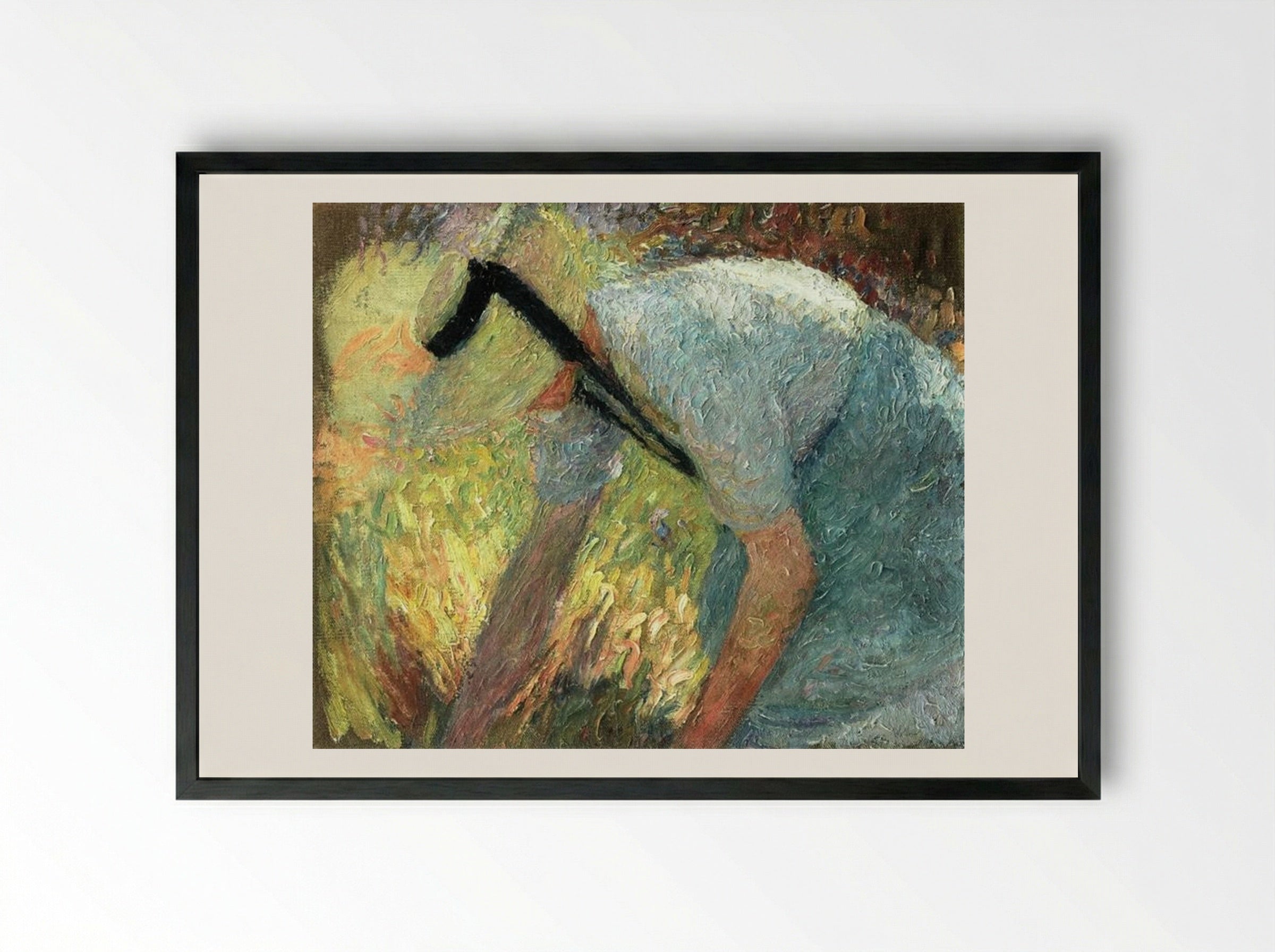 Woman in a Blue Apron and Straw Hat, Picking A Spray of Flowers - Henri Martin - Framed Print Black