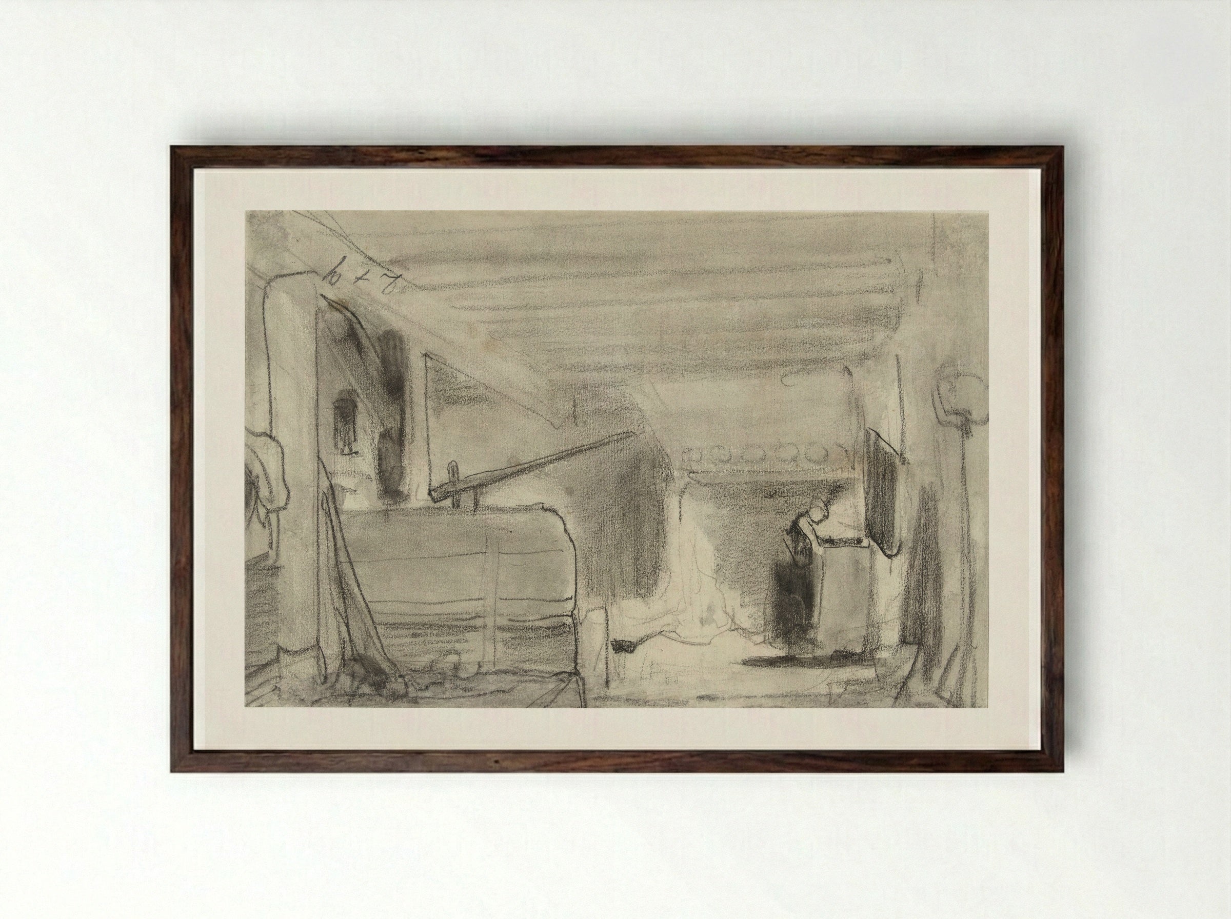 Woman in a Farmhouse Kitchen - Johannes Bosboom - Framed Print Dark Wood