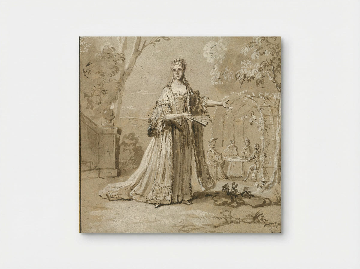 Woman in a Garden with Figures Seated Under a Trellis in the Distance - Jean-Baptiste Oudry - Poster