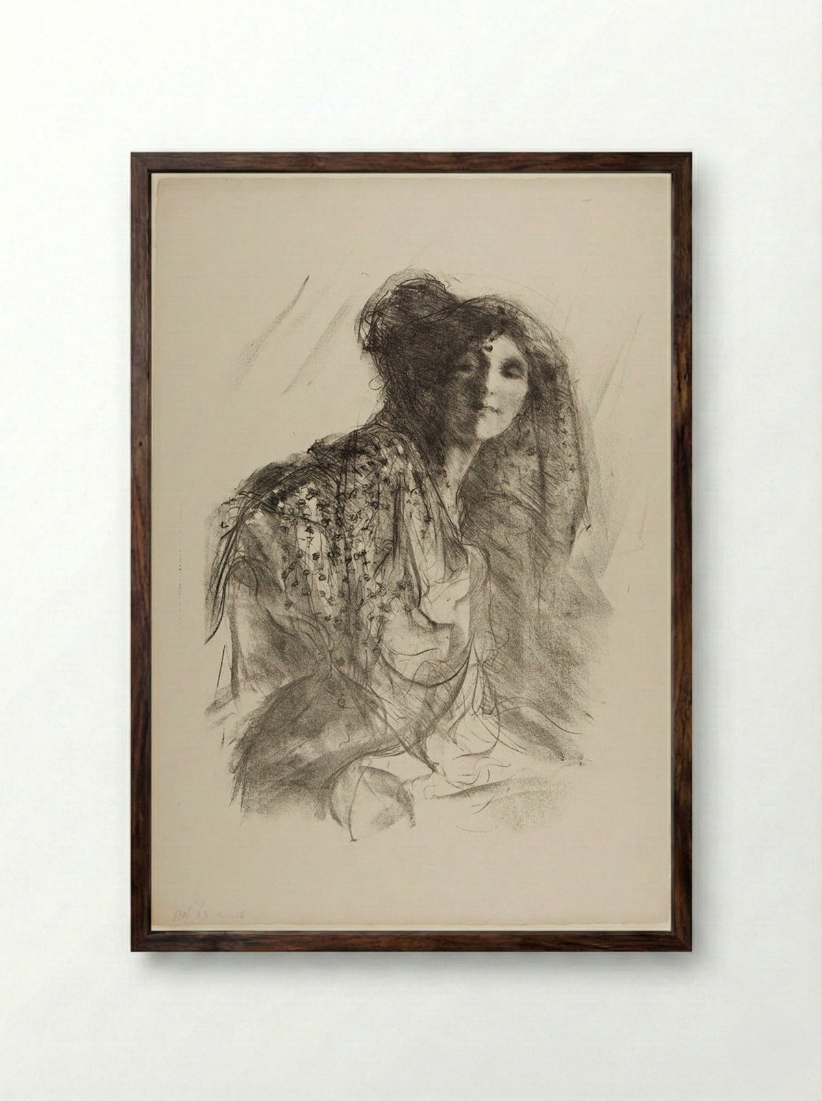 Woman in a Lace Mantilla - Albert Belleroche - Framed Print Dark Wood