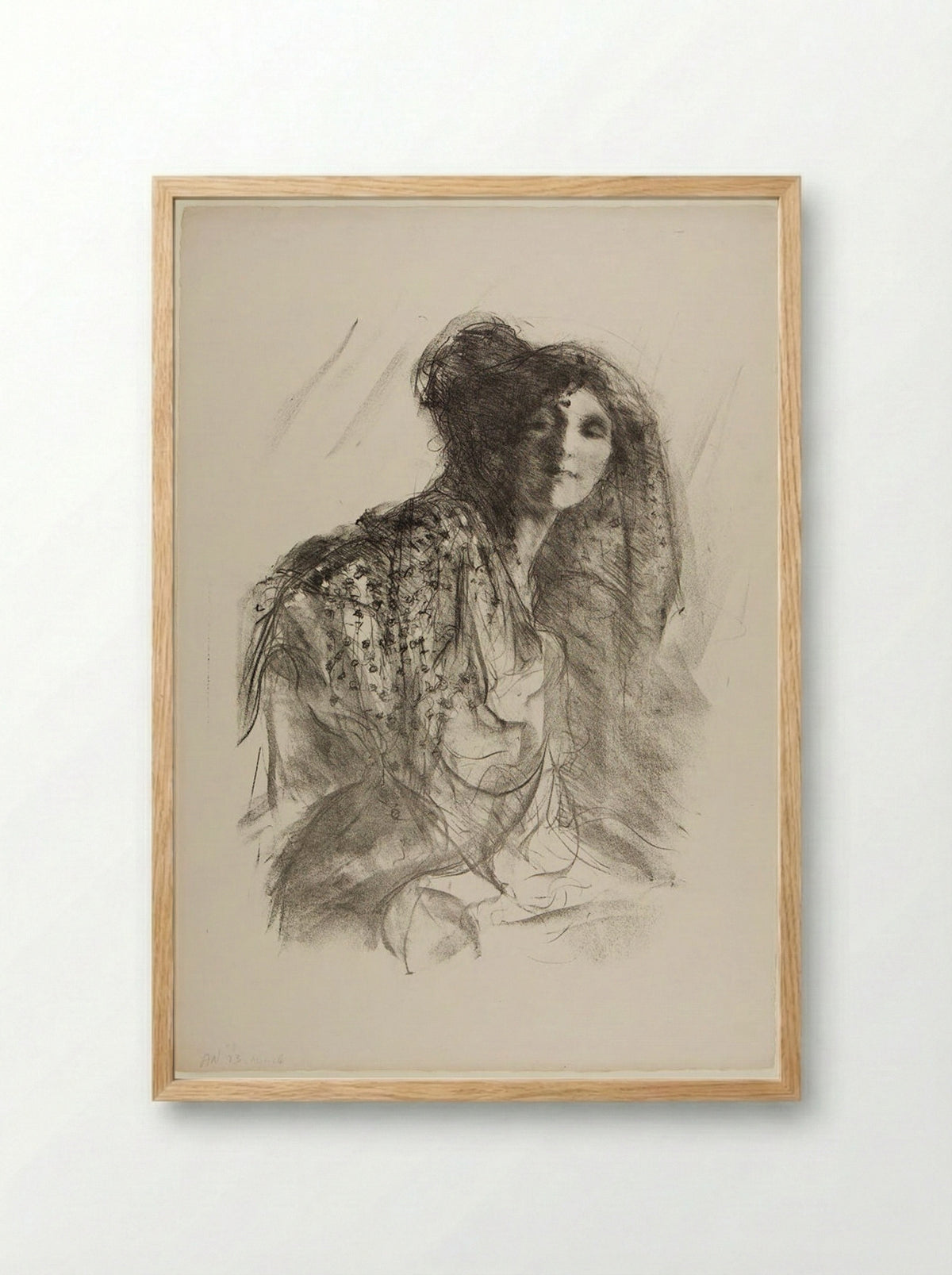 Woman in a Lace Mantilla - Albert Belleroche - Framed Print Wood