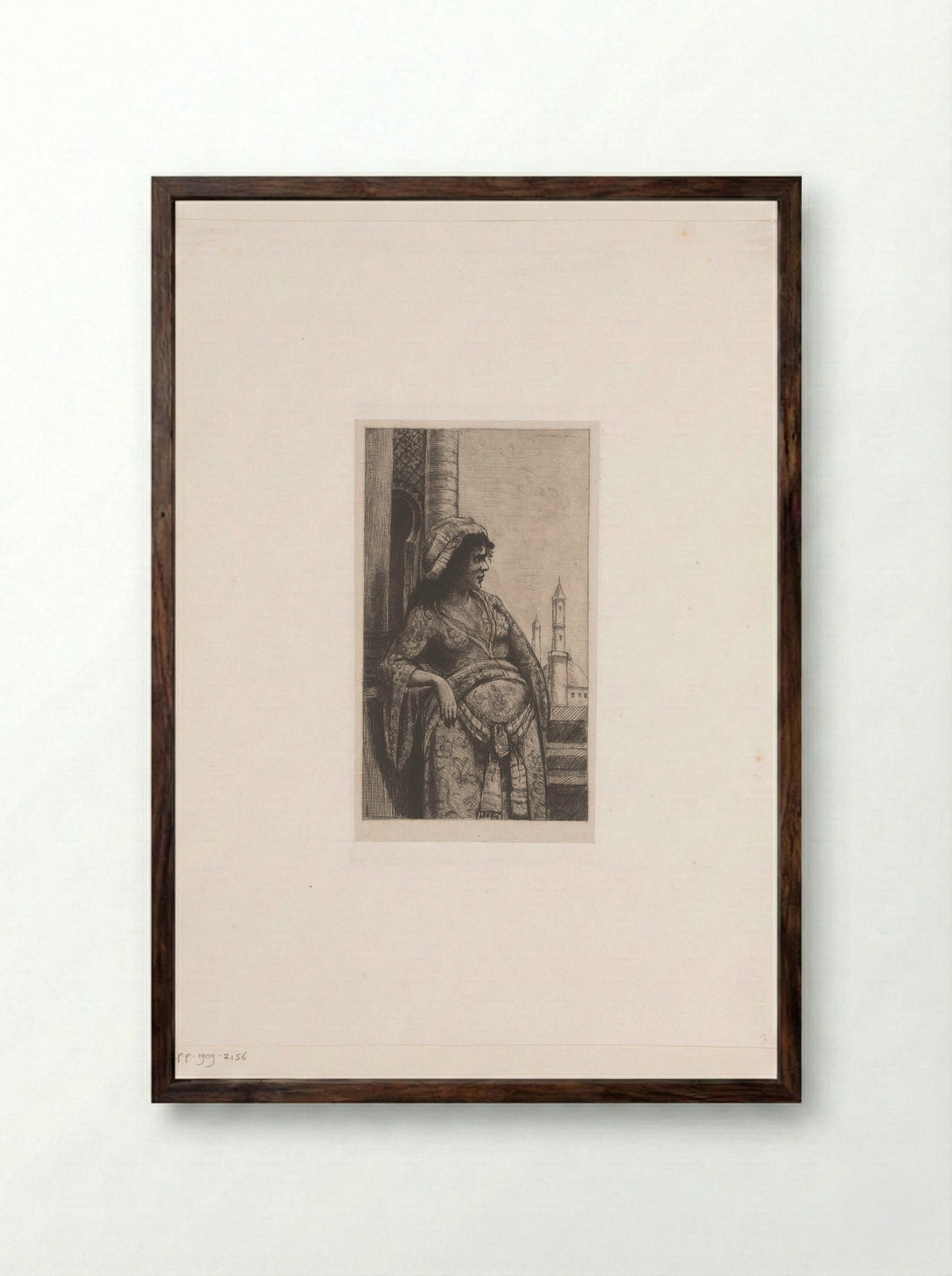 Woman on a Balcony with a Mosque in the Background - Vicomte Arthur-Jean Le Bailly d'Inghuem - Framed Print Dark Wood