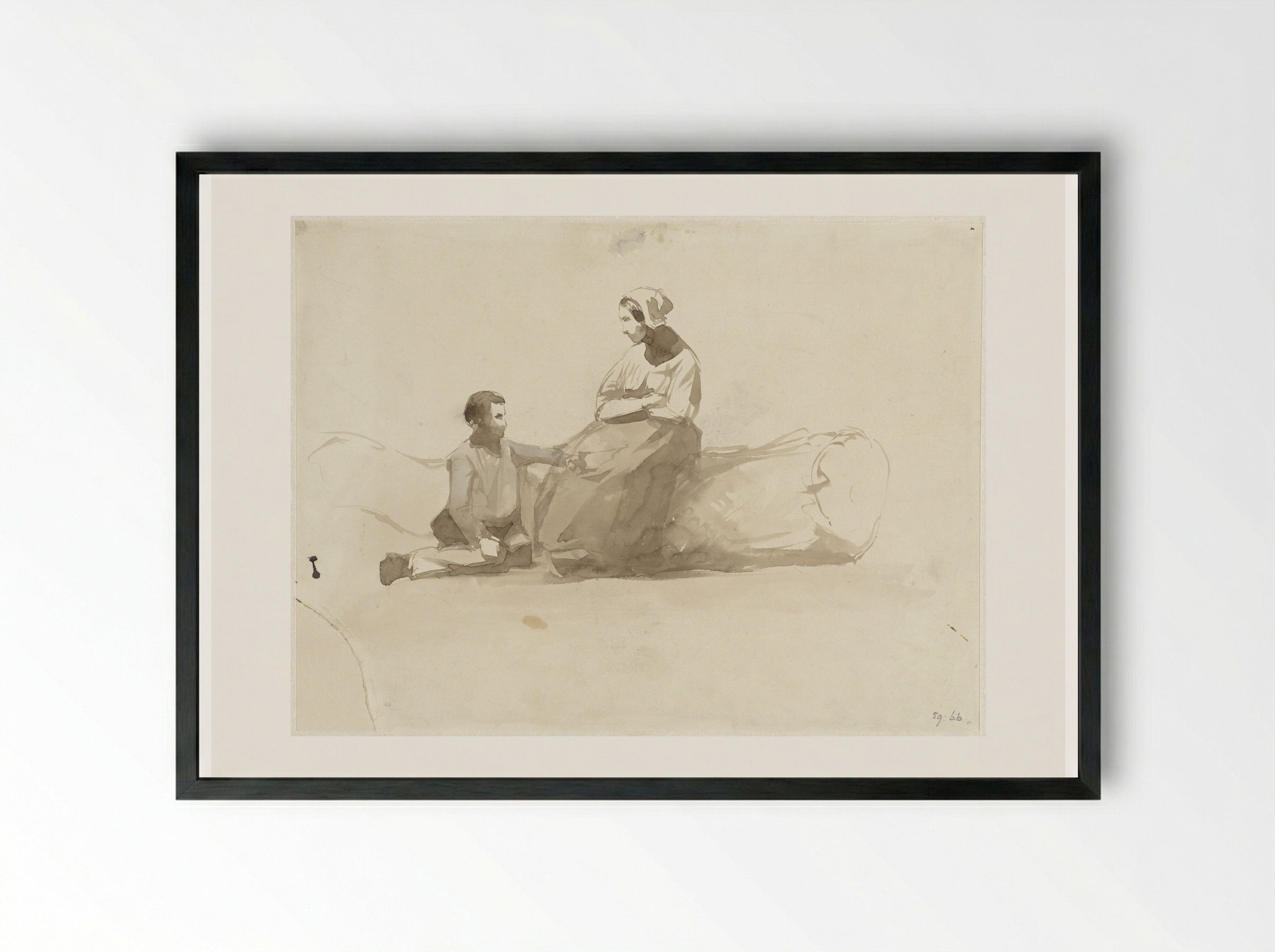Woman on a Tree Trunk and a Boy with a Book - Johan Daniël Koelman - Framed Print Black