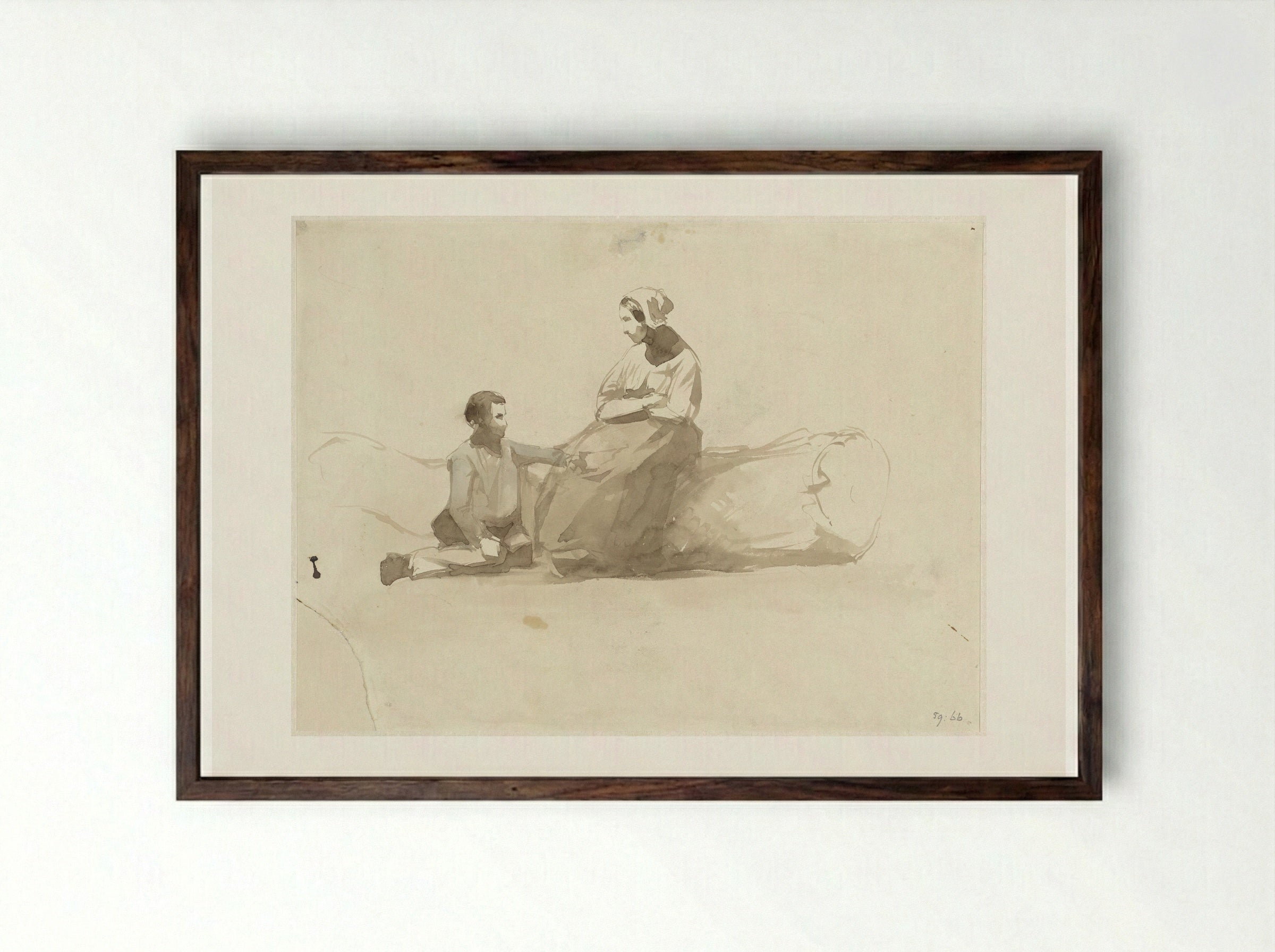 Woman on a Tree Trunk and a Boy with a Book - Johan Daniël Koelman - Framed Print Dark Wood