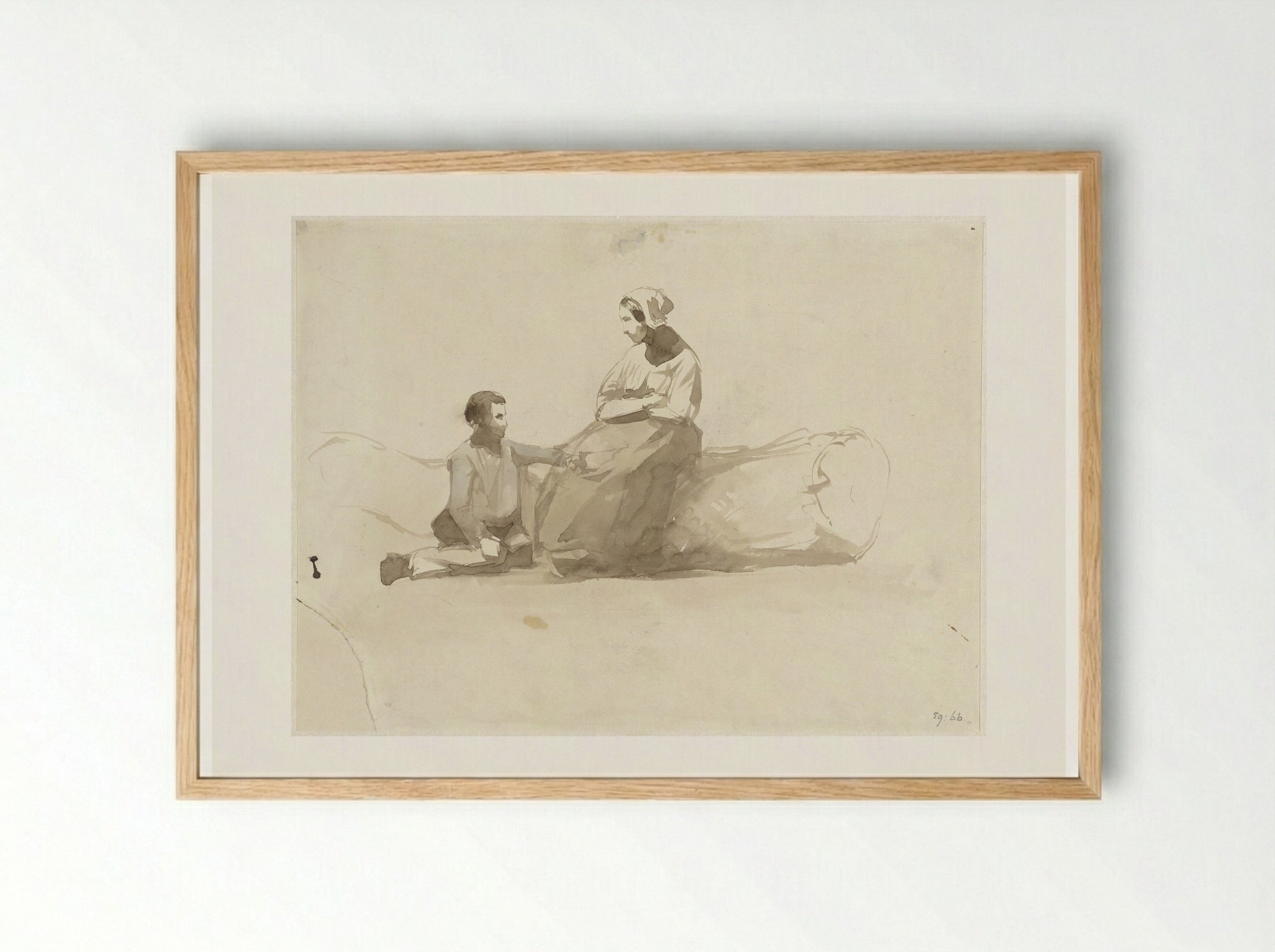 Woman on a Tree Trunk and a Boy with a Book - Johan Daniël Koelman - Framed Print Wood