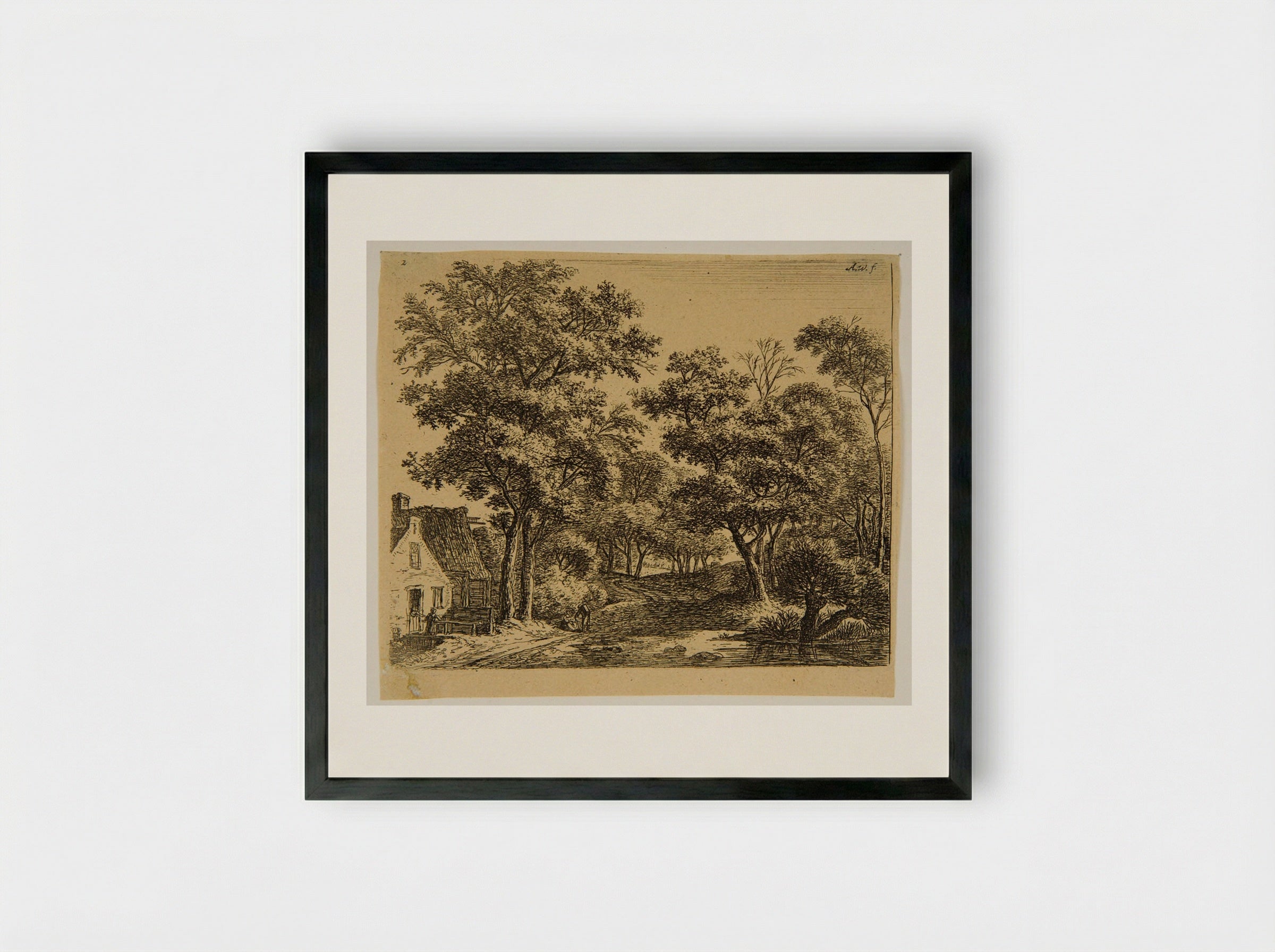 Woman on the Little Wooden Bridge - Anthonie Waterloo - Framed Print Black