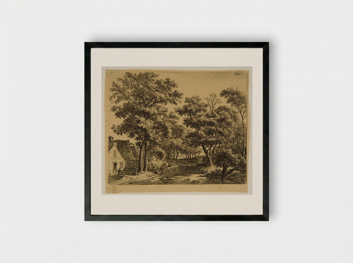 Woman on the Little Wooden Bridge - Anthonie Waterloo - Framed Print Black