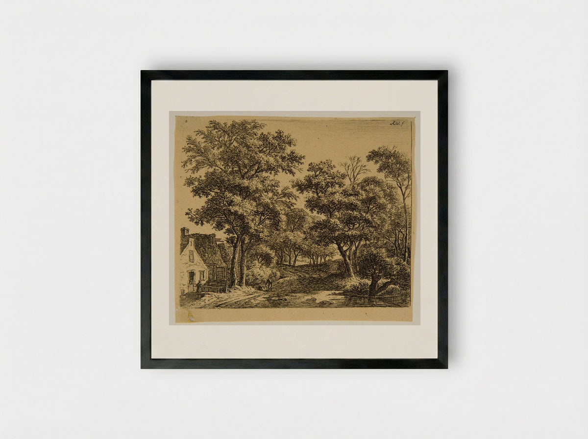 Woman on the Little Wooden Bridge - Anthonie Waterloo - Framed Print Black