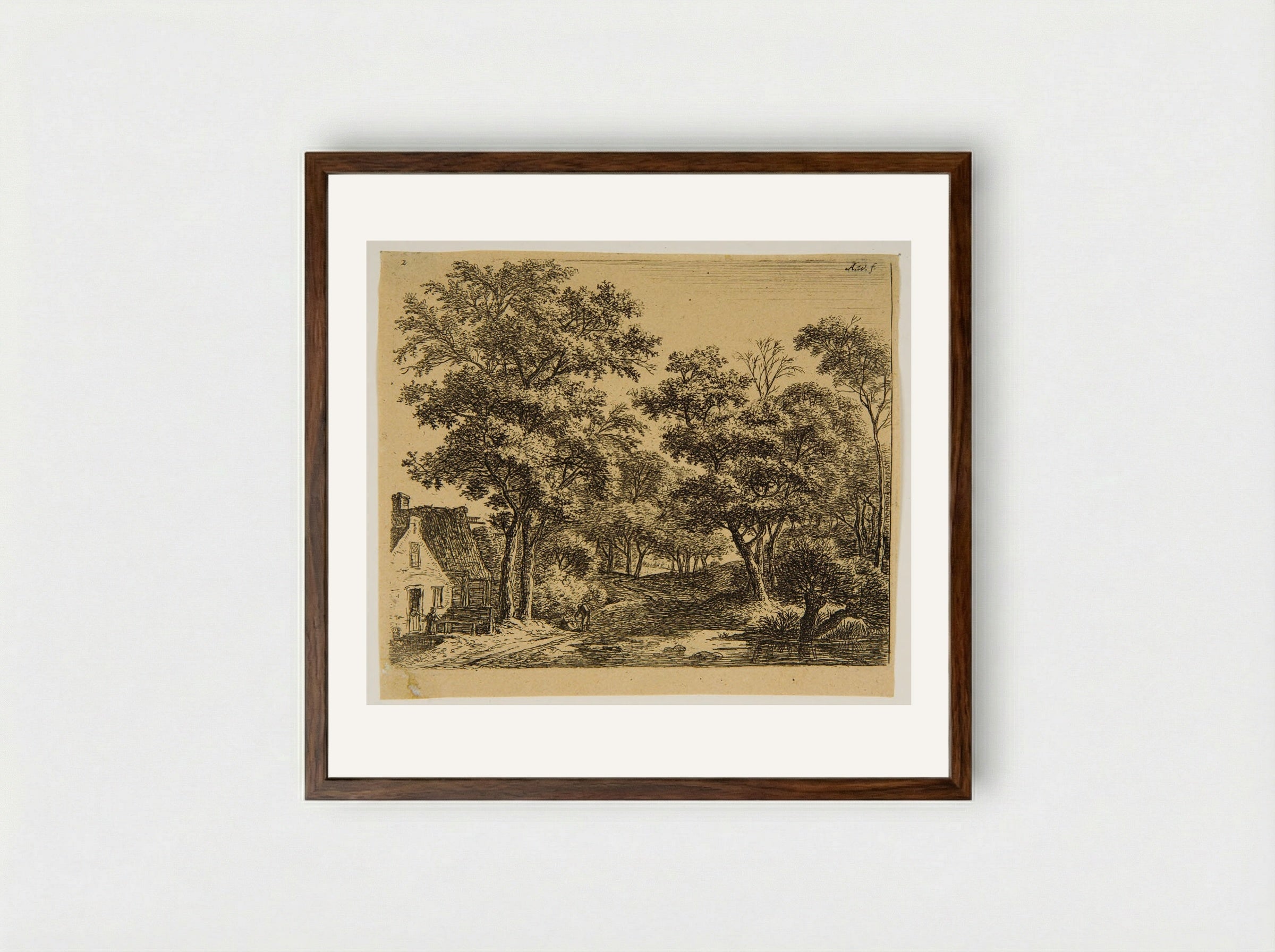 Woman on the Little Wooden Bridge - Anthonie Waterloo - Framed Print Dark Wood