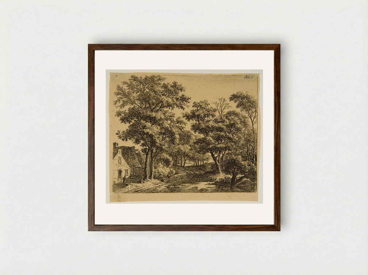 Woman on the Little Wooden Bridge - Anthonie Waterloo - Framed Print Dark Wood