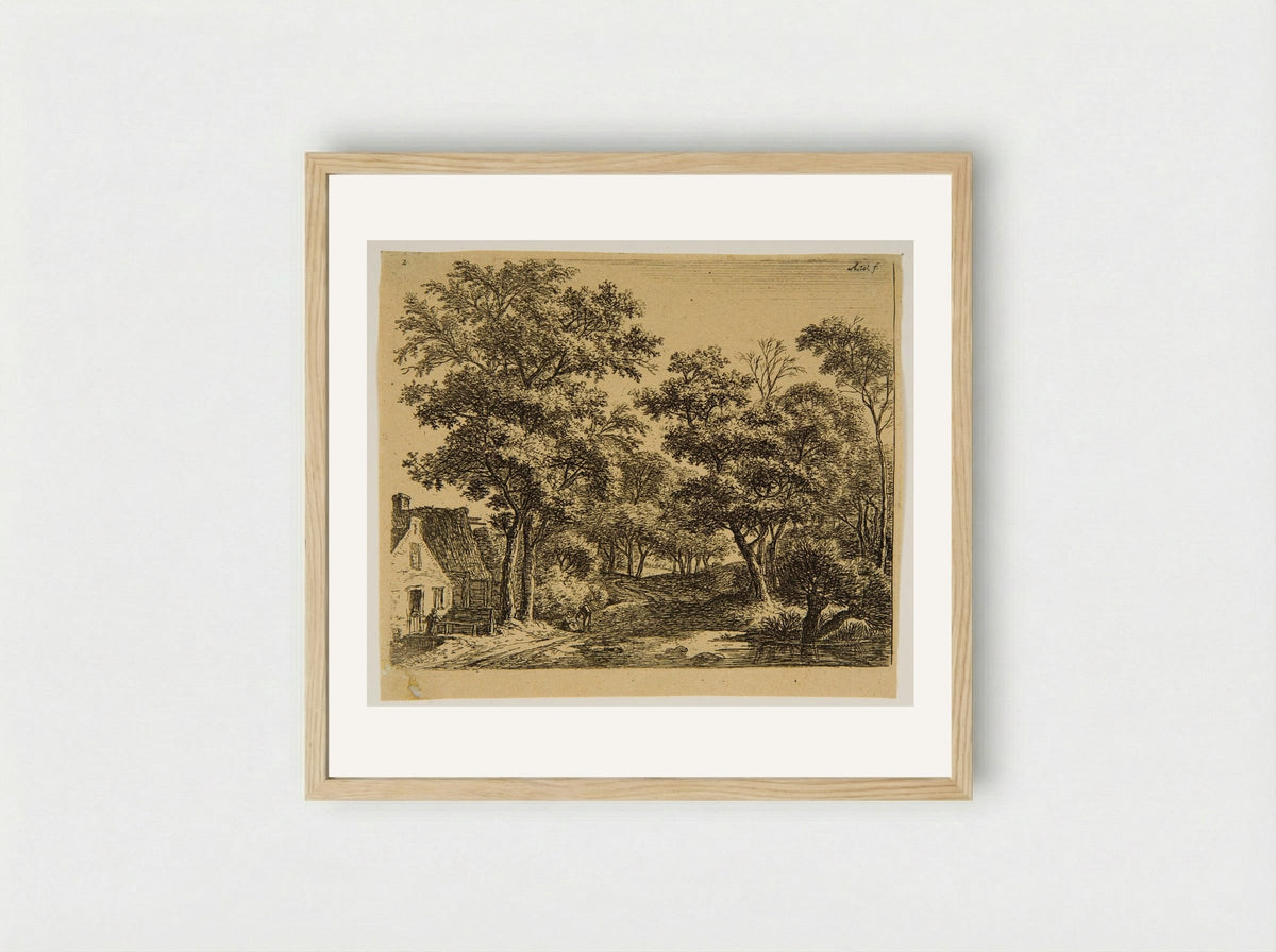 Woman on the Little Wooden Bridge - Anthonie Waterloo - Framed Print Wood