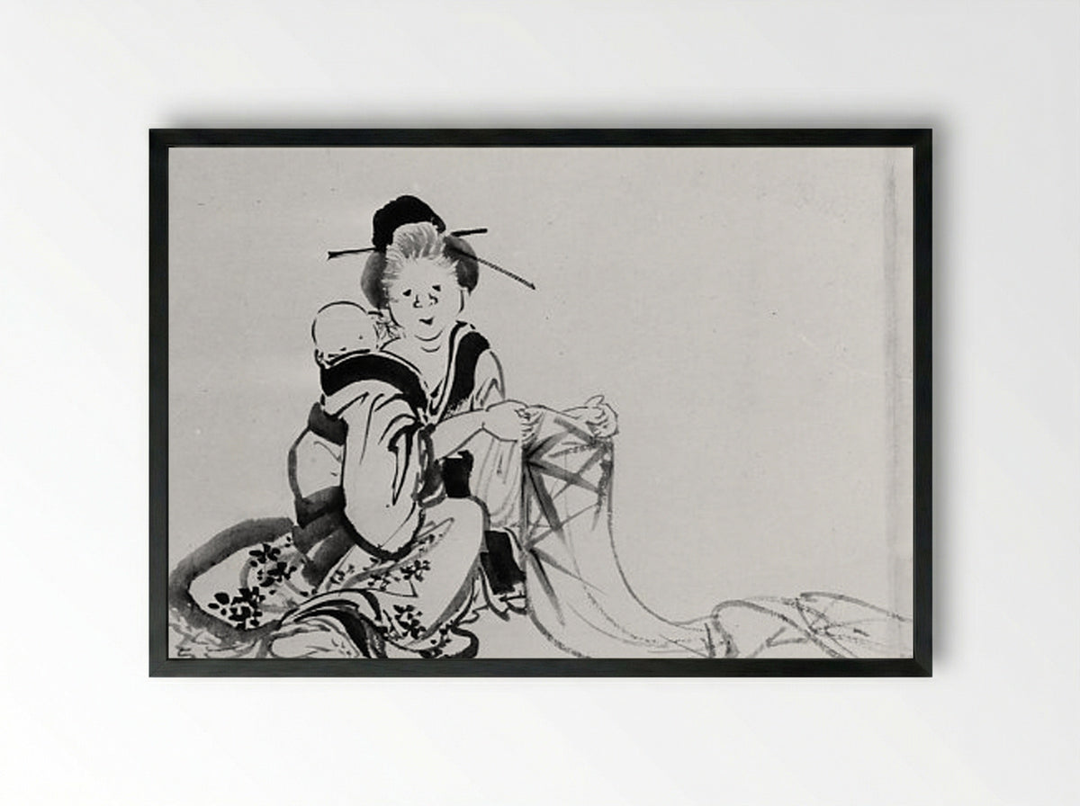 Woman with Baby on Her Back - Hokusai School - Framed Print Black