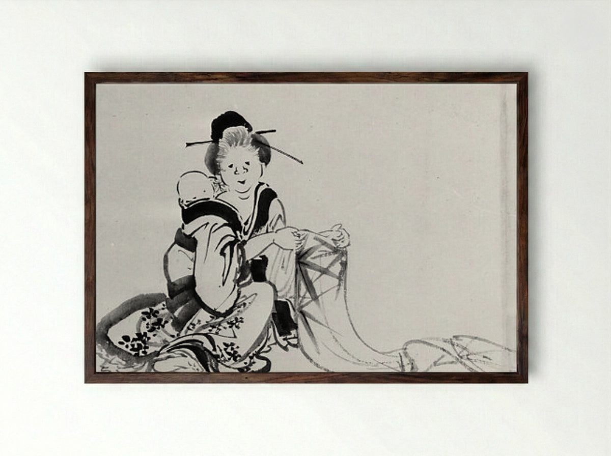 Woman with Baby on Her Back - Hokusai School - Framed Print Dark Wood