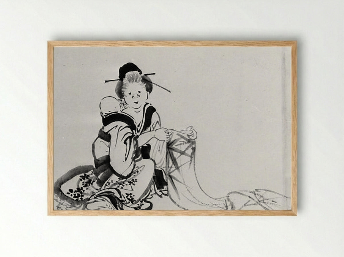 Woman with Baby on Her Back - Hokusai School - Framed Print Wood