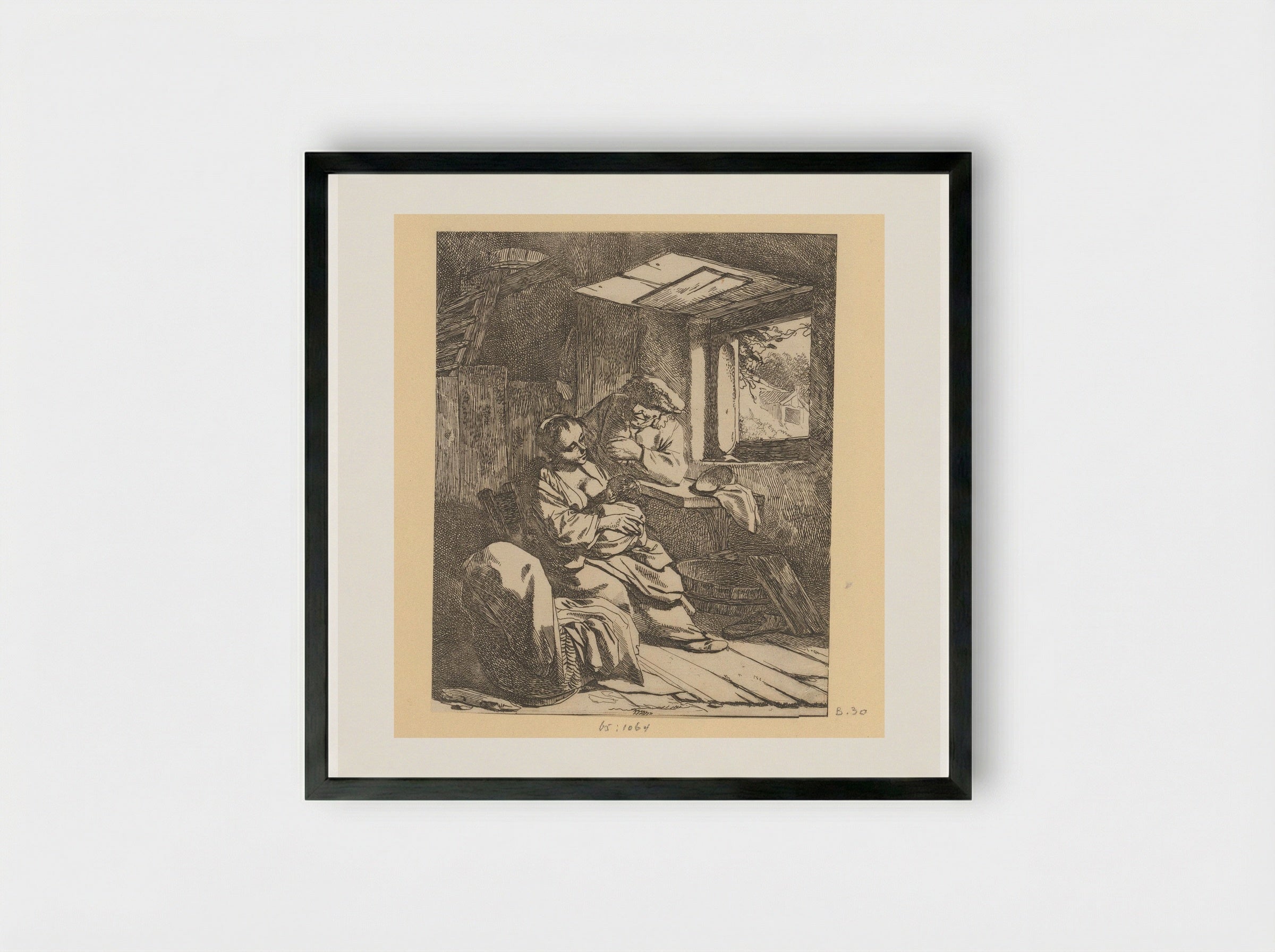Woman with Child and Man by a Cradle in an Interior with an Open Window - Cornelis Pietersz. Bega - Framed Print Black