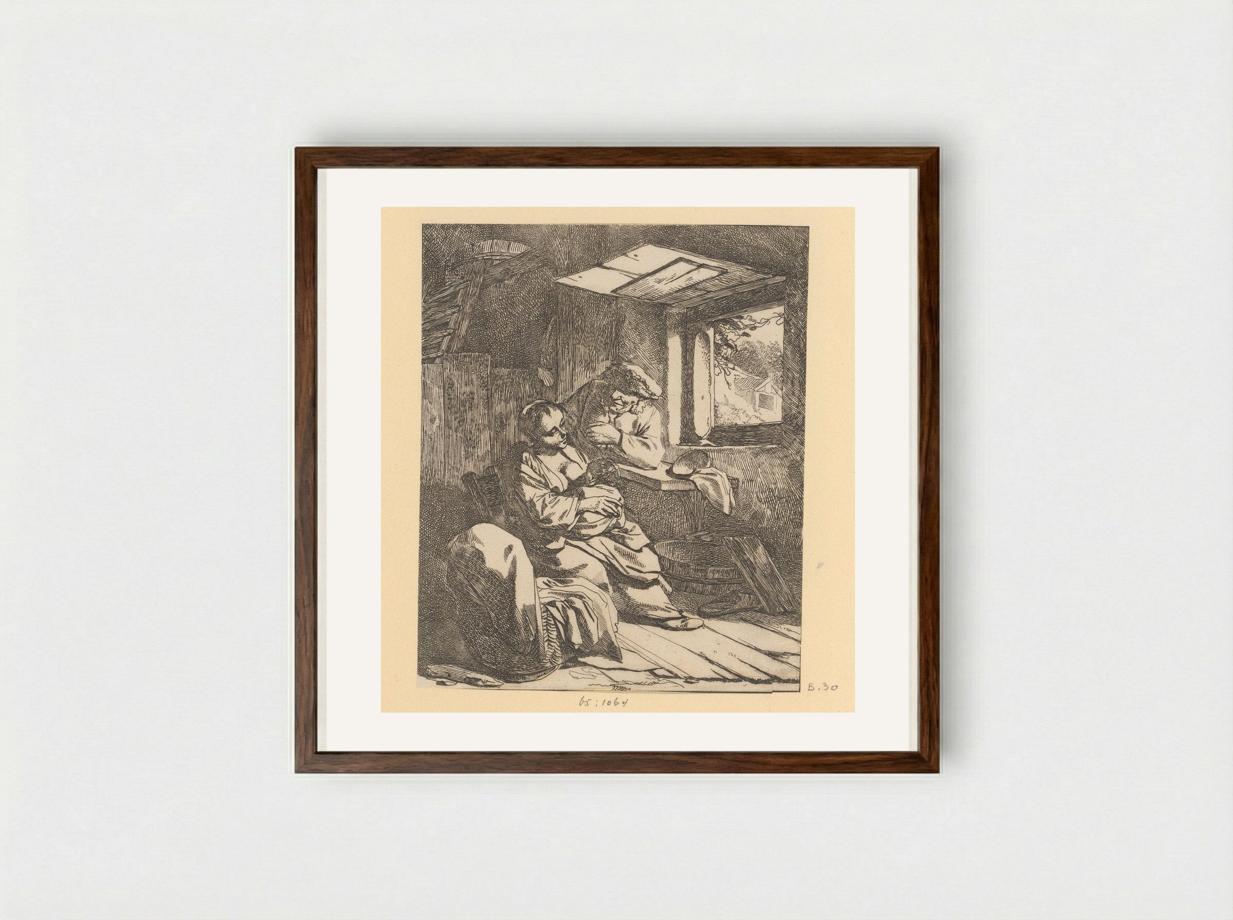 Woman with Child and Man by a Cradle in an Interior with an Open Window - Cornelis Pietersz. Bega - Framed Print Dark Wood