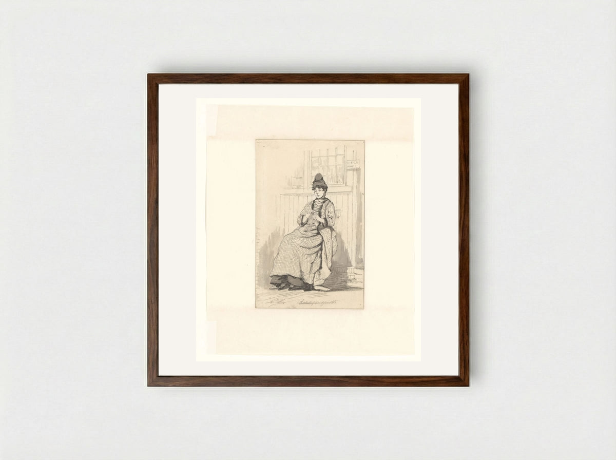 Woman with Needlework at the International Food Exhibition in Amsterdam - Johan Conrad Greive - Framed Print Dark Wood