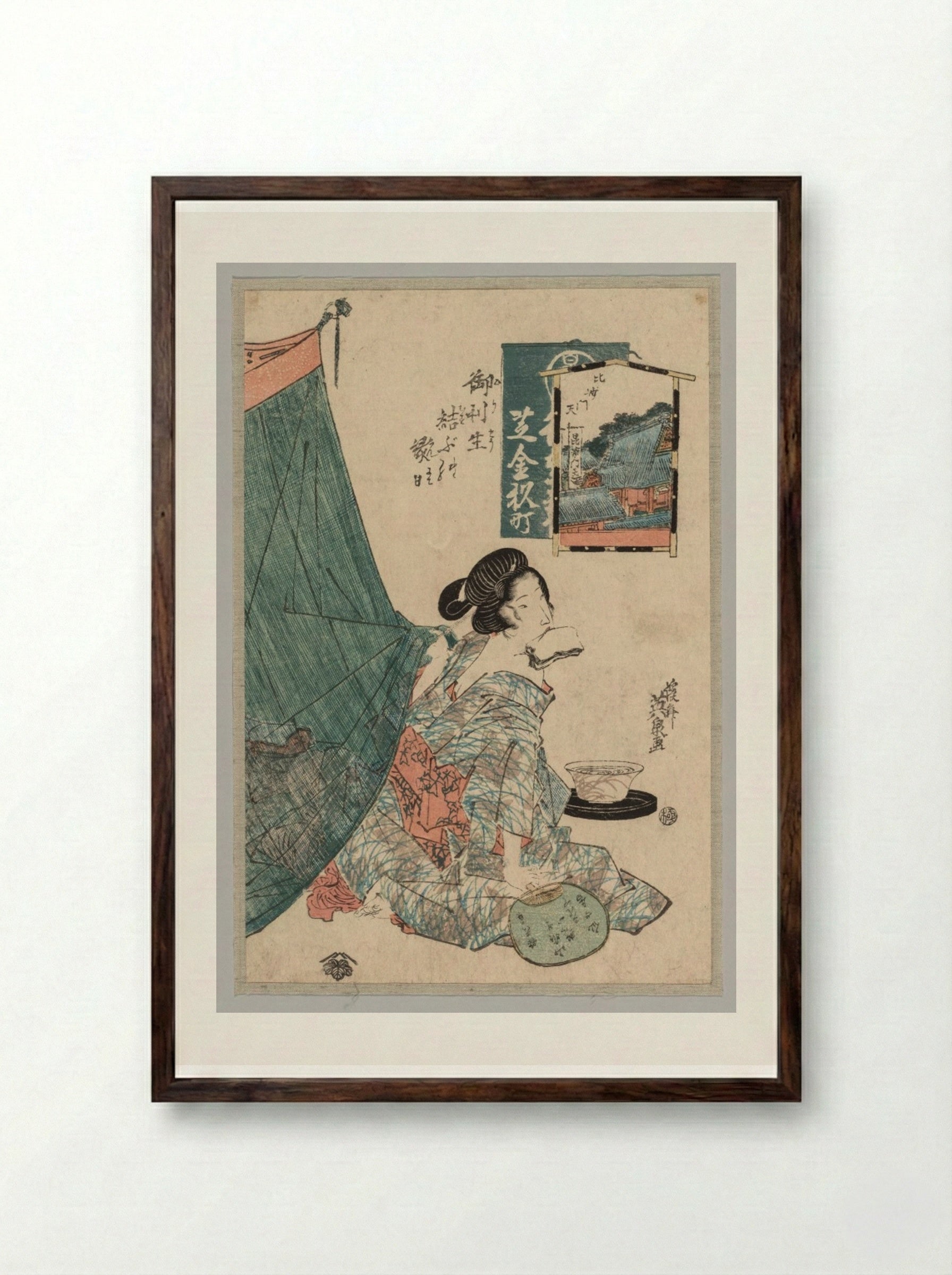 Woman with Papers in Mouth and Fan in Hand - Keisai Eisen - Framed Print Dark Wood