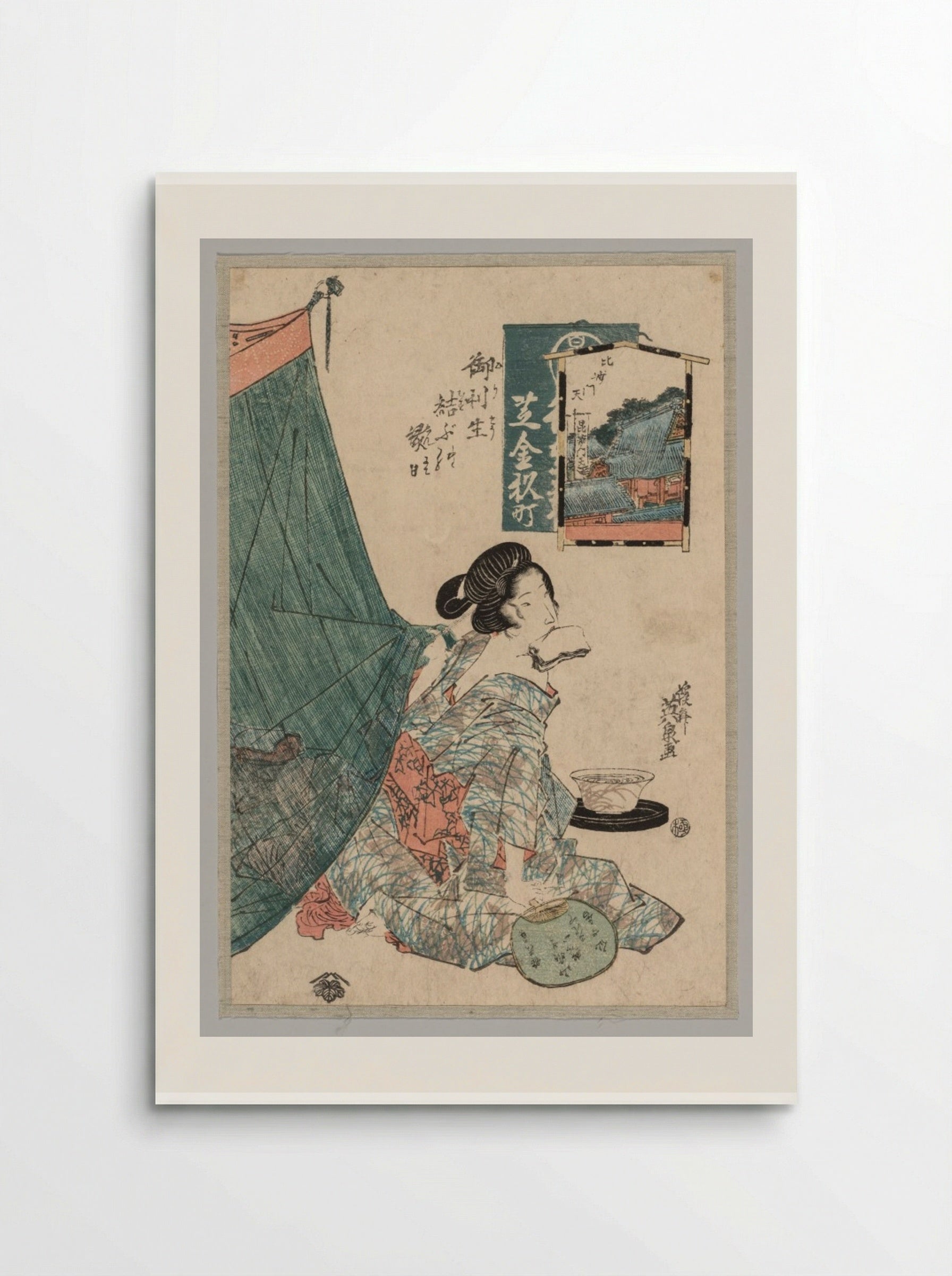 Woman with Papers in Mouth and Fan in Hand - Keisai Eisen - Poster