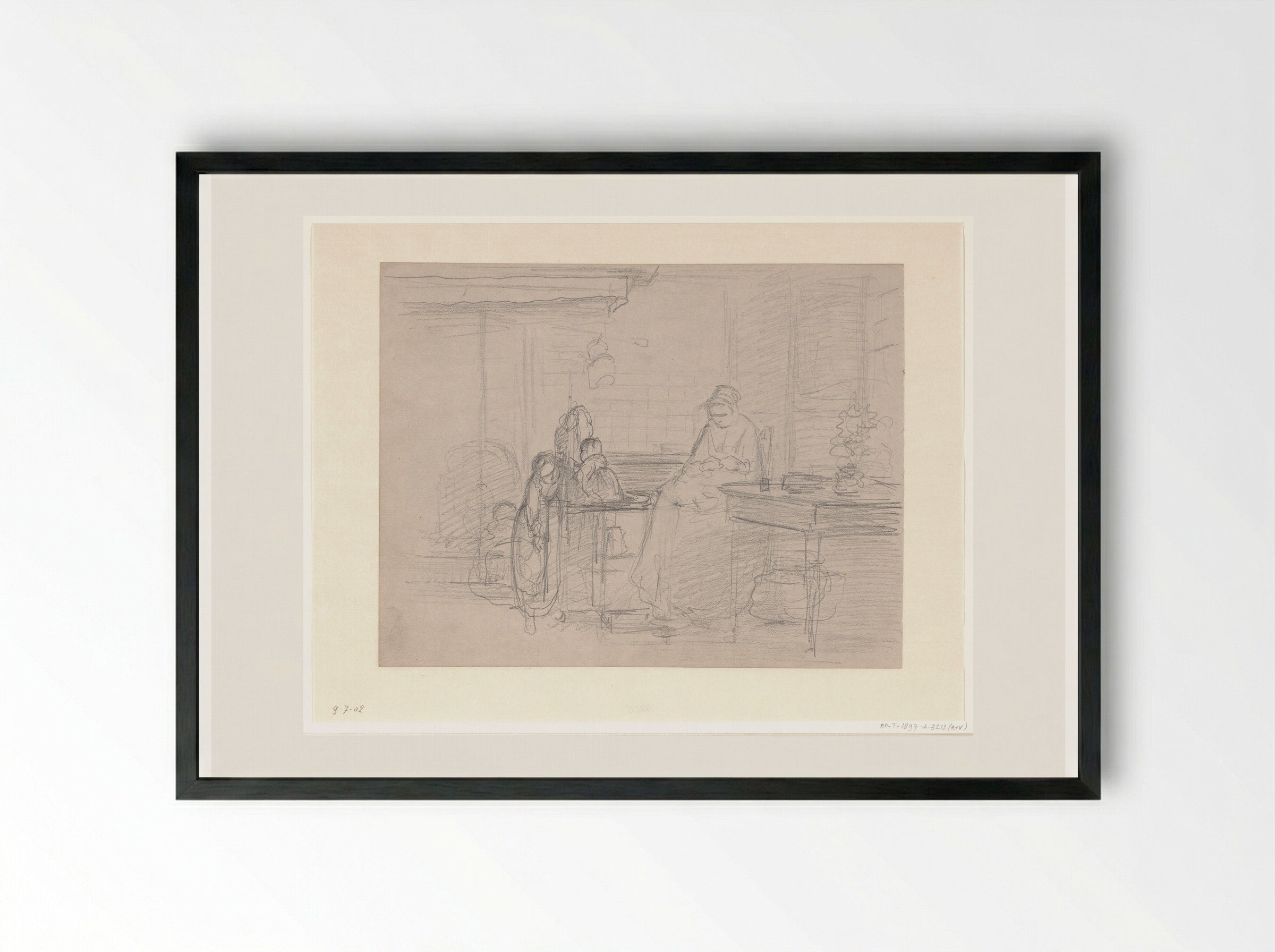 Woman with Two Children in an Interior - Hendrik Valkenburg - Framed Print Black