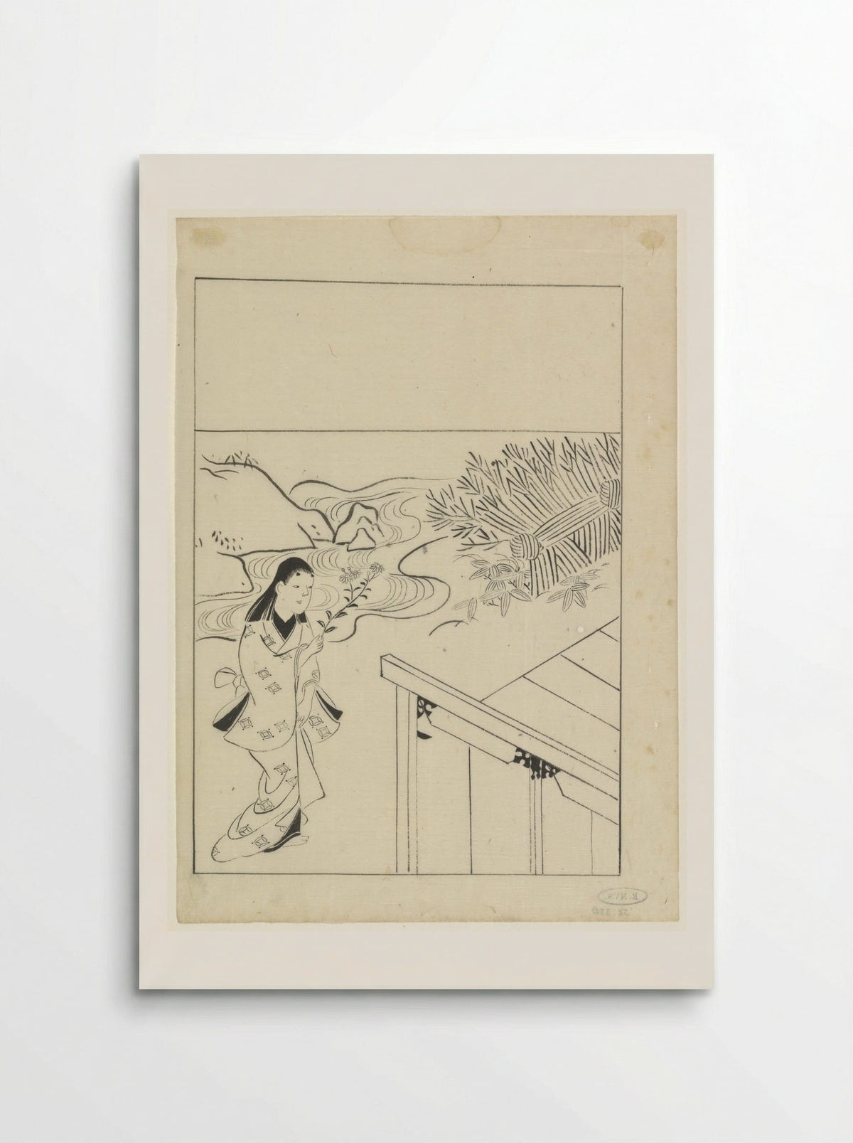 Woman with a Flowering Branch in a Garden - Hishikawa Moronobu - Poster