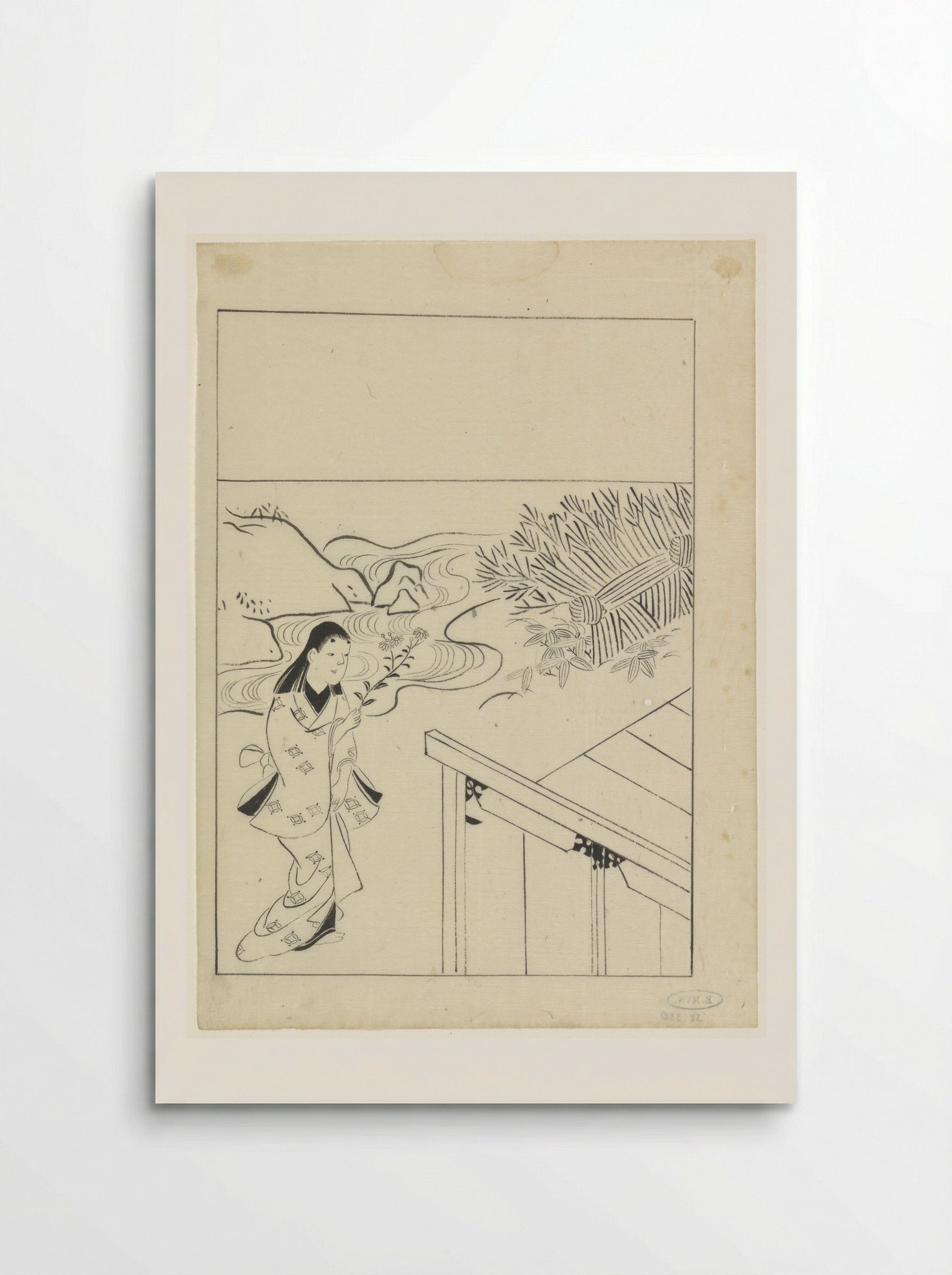 Woman with a Flowering Branch in a Garden - Hishikawa Moronobu - Poster