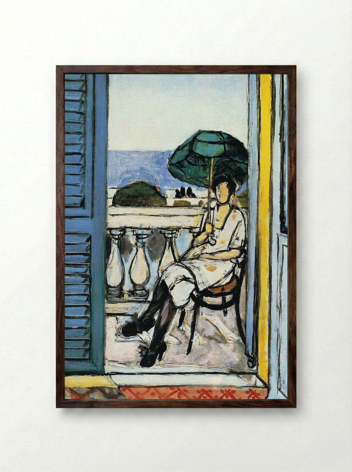 Woman with a Green Parasol on a Balcony - Henri Matisse - Framed Print Dark Wood