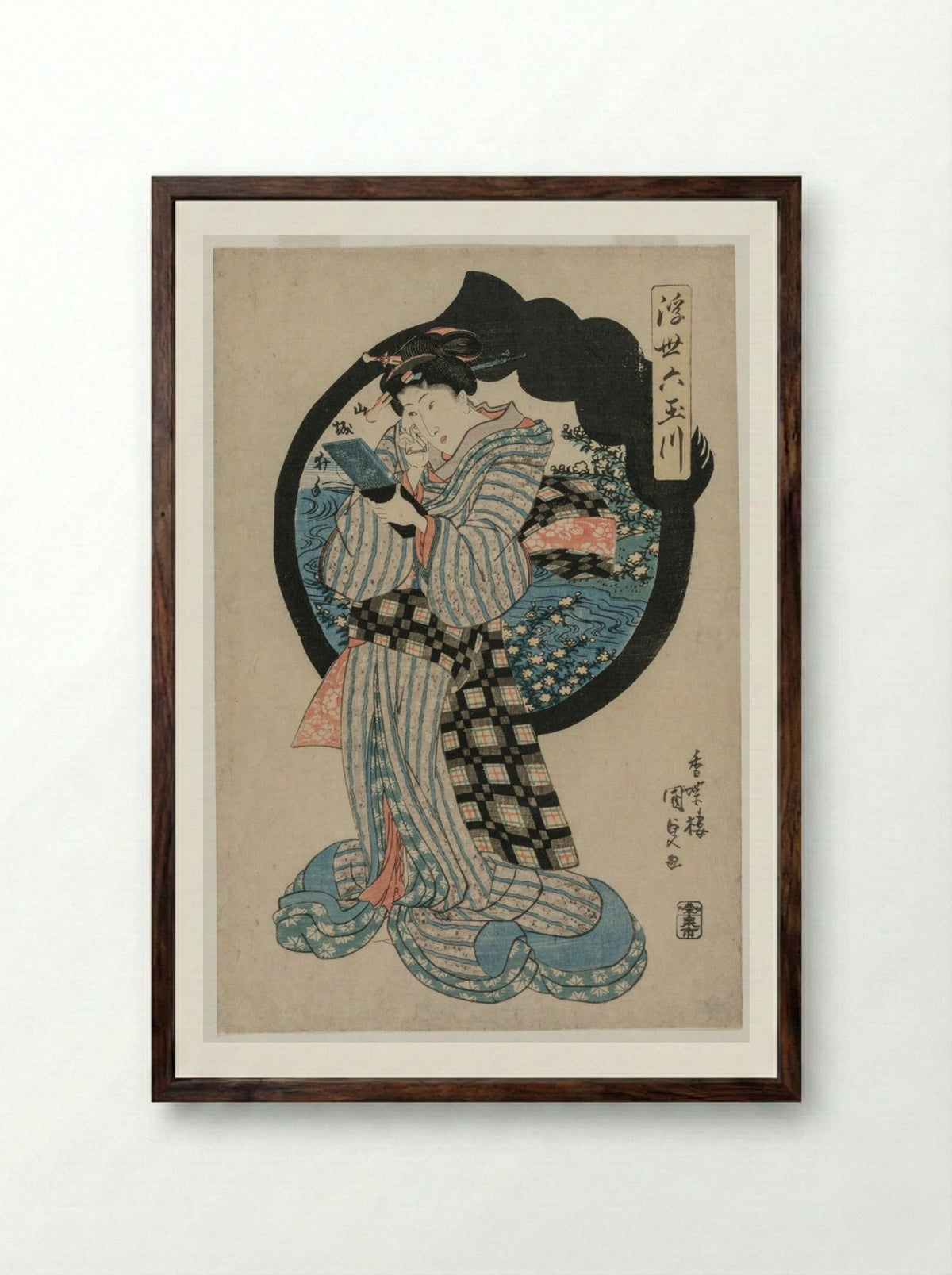 Woman with a Hand Mirror from the series The Six Tama Rivers of the Floating World - Utagawa Kunisada - Framed Print Dark Wood