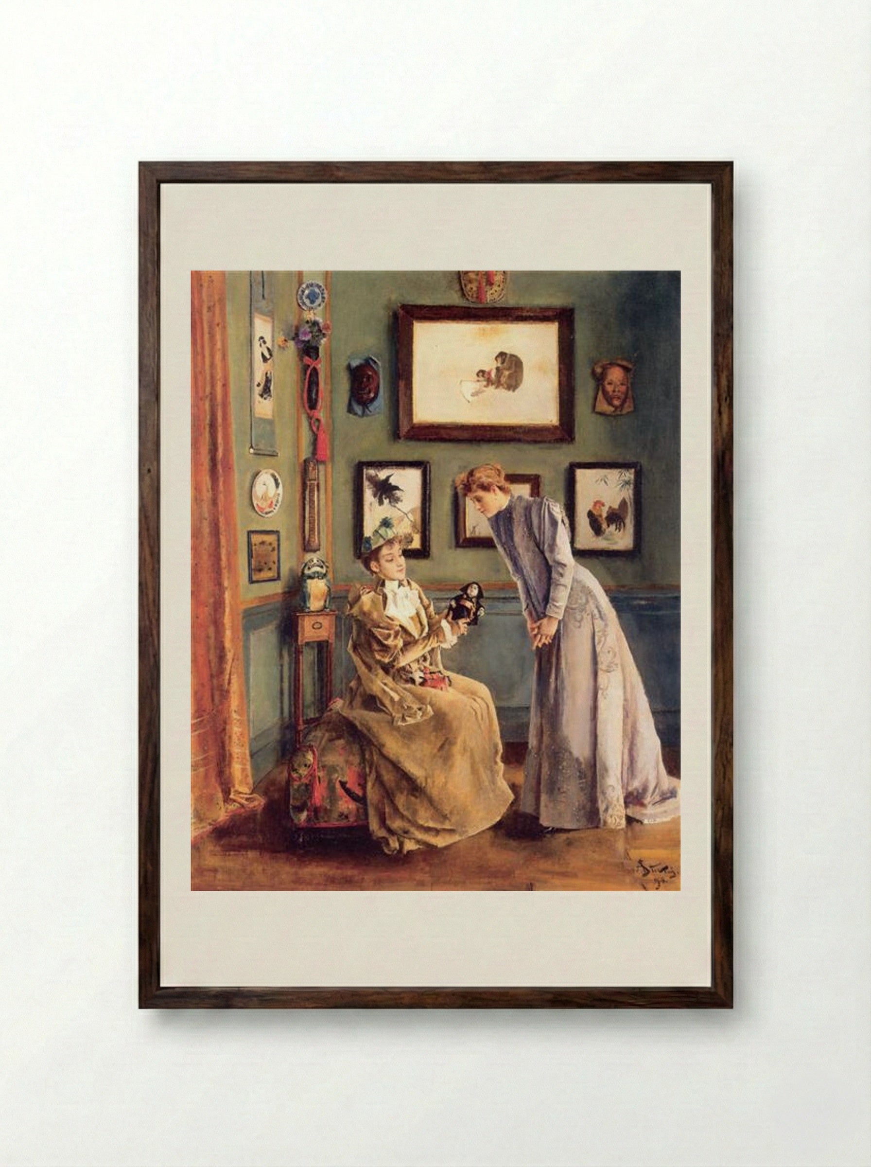 Woman with a Japanese Doll - Alfred Stevens - Framed Print Dark Wood
