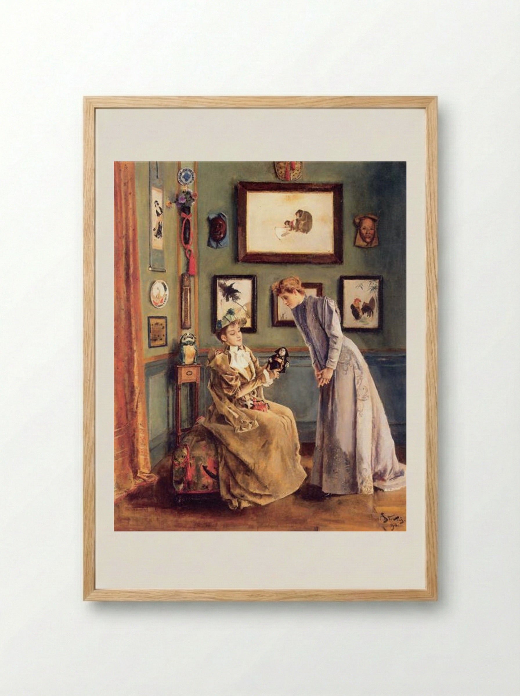Woman with a Japanese Doll - Alfred Stevens - Framed Print Wood