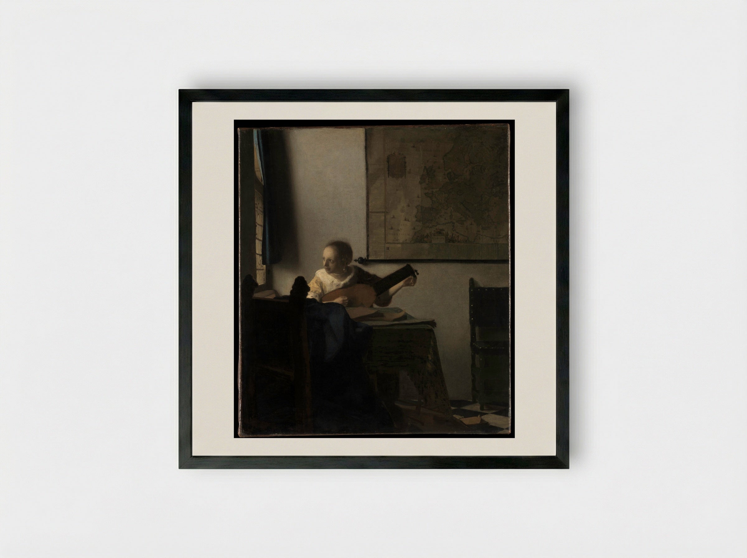 Woman with a Lute - Johannes Vermeer - Framed Print Black