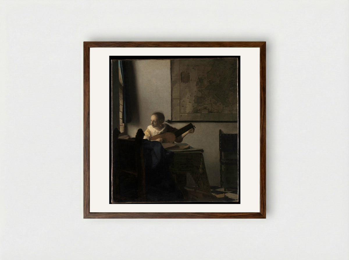 Woman with a Lute - Johannes Vermeer - Framed Print Dark Wood