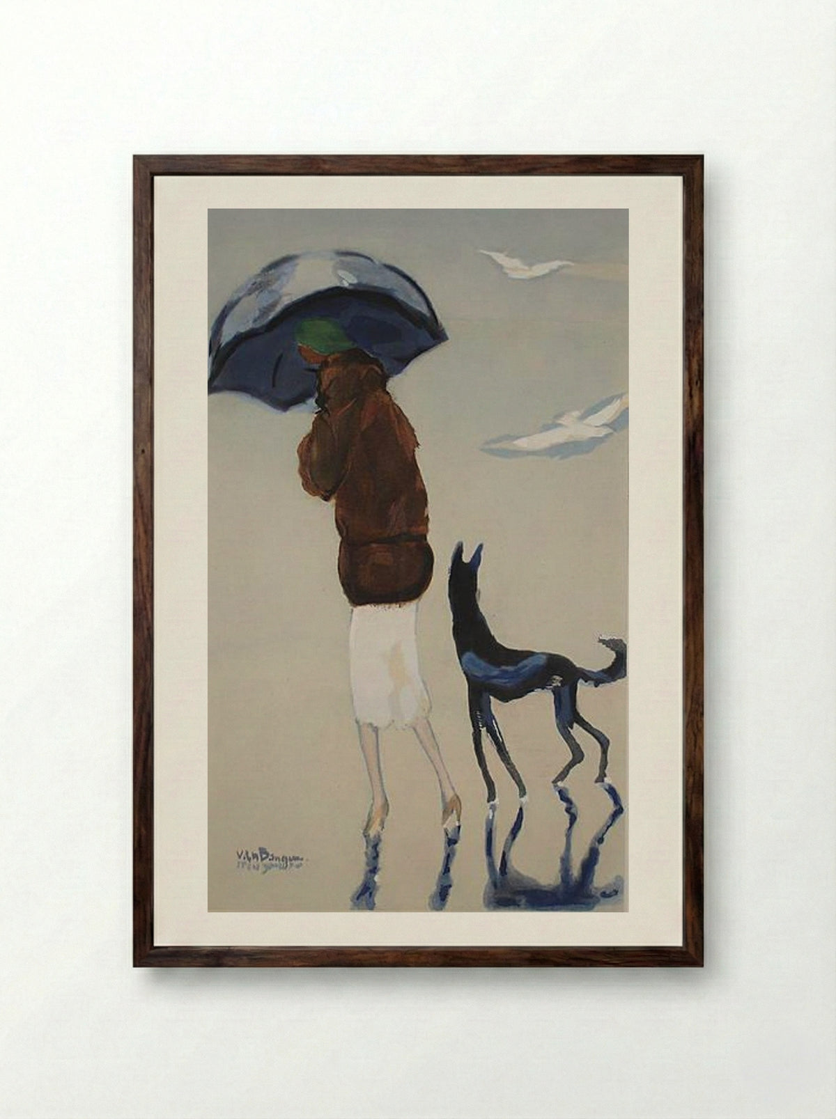 Woman with a dog walking on the beach - Kees van Dongen - Framed Print Dark Wood