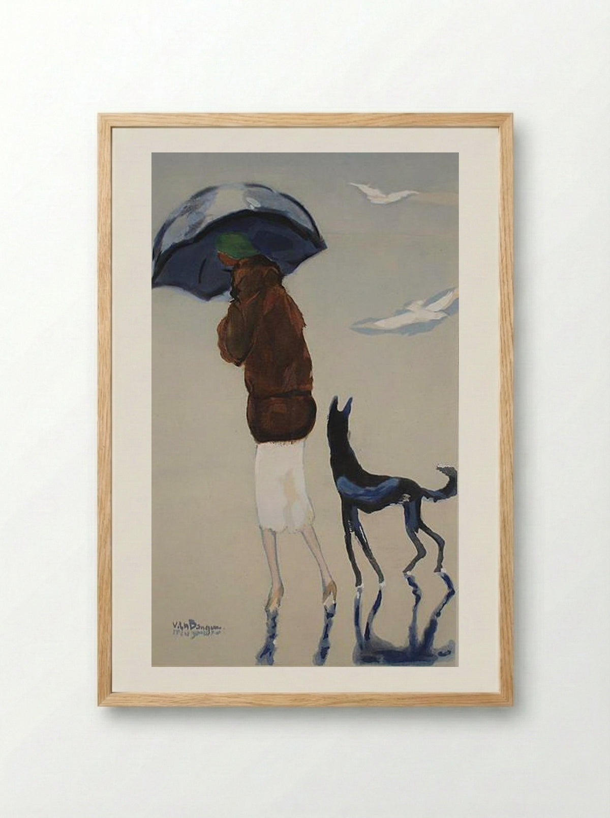 Woman with a dog walking on the beach - Kees van Dongen - Framed Print Wood