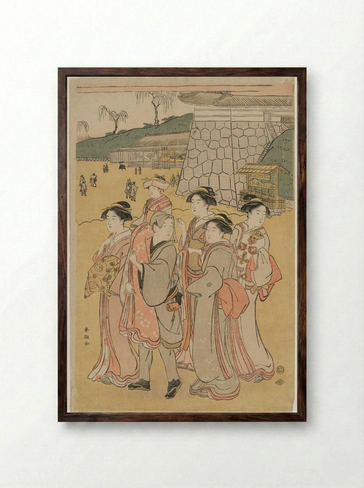 Women Accompanying a Girl to a Shrine - Katsukawa Shunchō - Framed Print Dark Wood