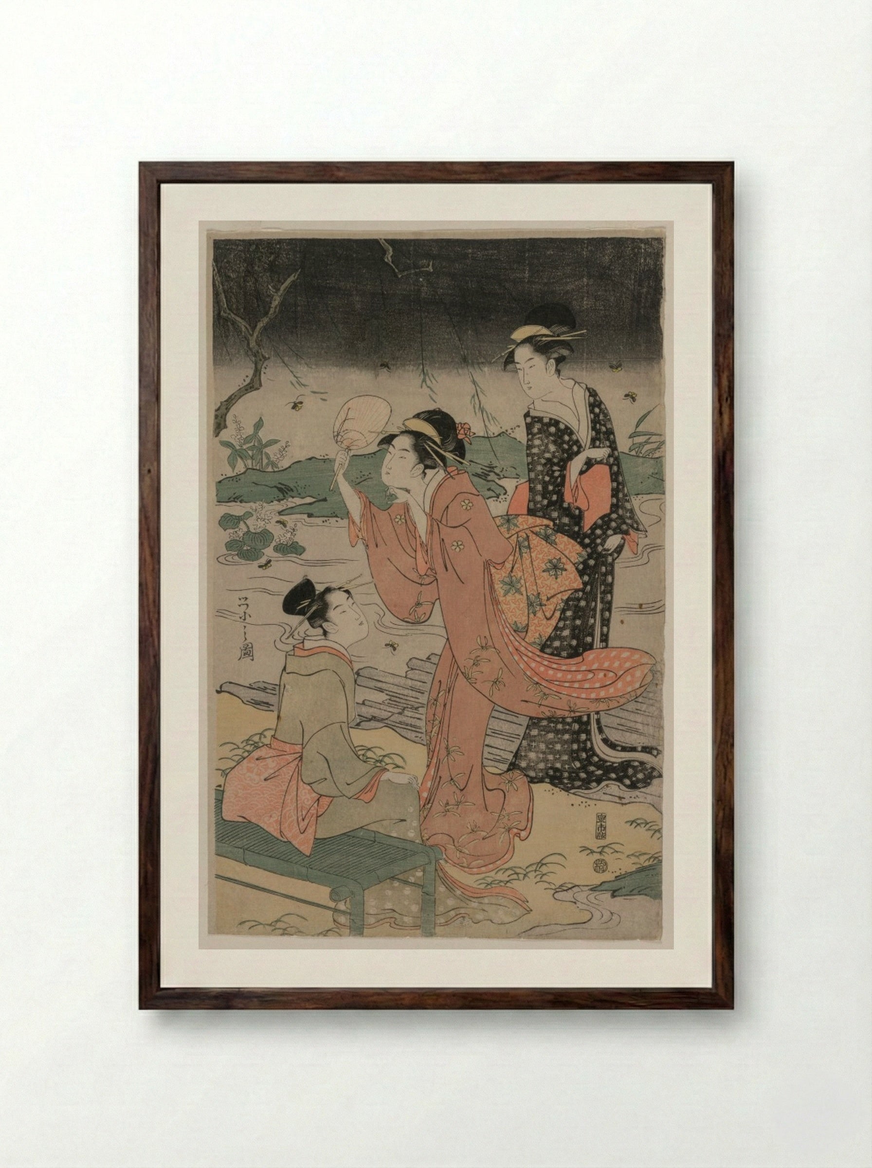 Women Beside a Stream Chasing Fireflies - Chōbunsai Eishi - Framed Print Dark Wood