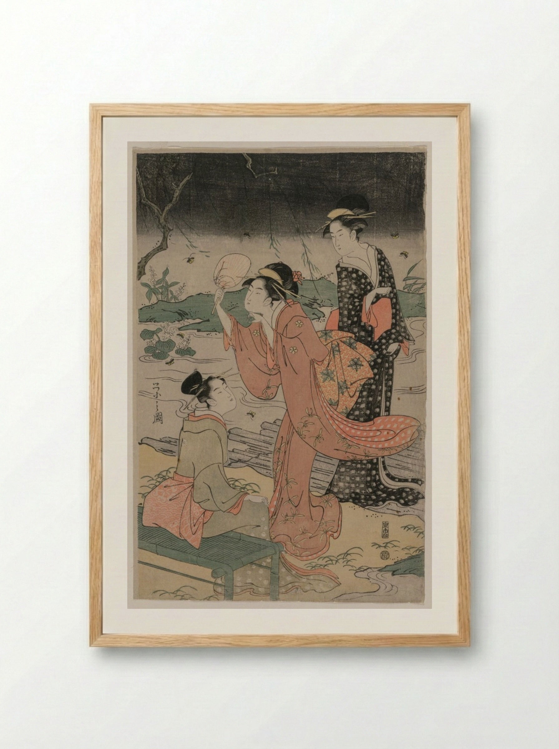 Women Beside a Stream Chasing Fireflies - Chōbunsai Eishi - Framed Print Wood