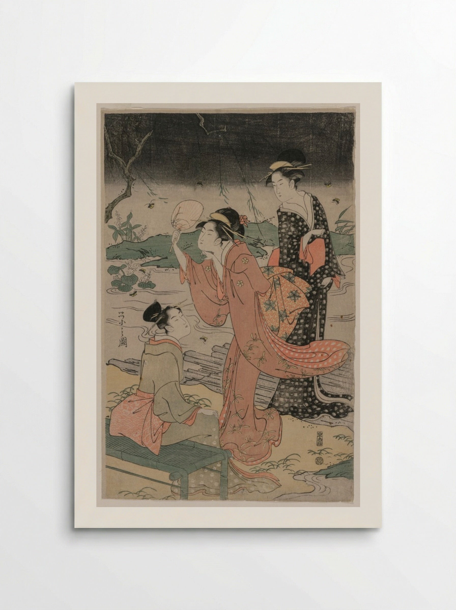 Women Beside a Stream Chasing Fireflies - Chōbunsai Eishi - Poster